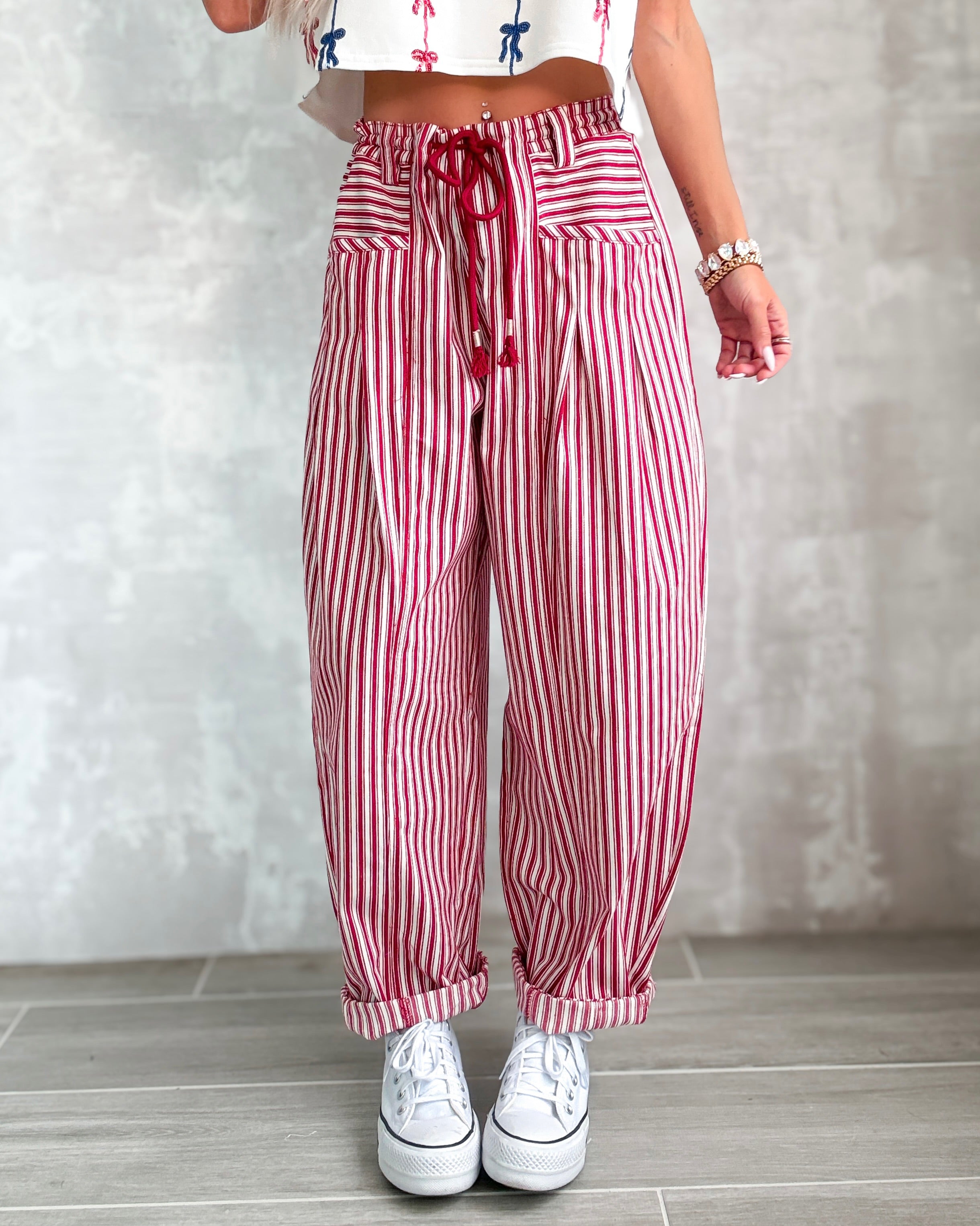 Americana Dream Striped Barrel Jeans - Red