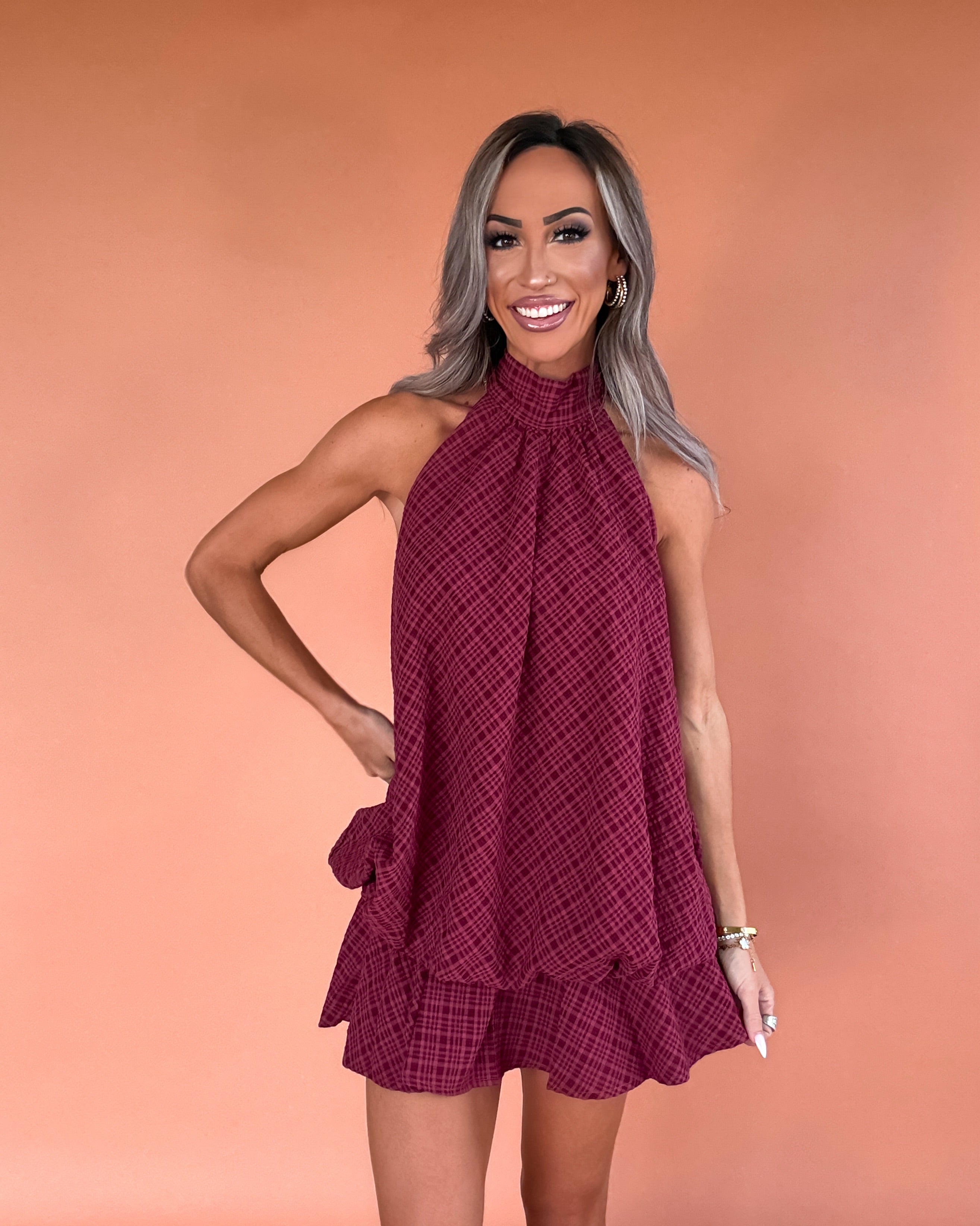 Bows & Bubbly Plaid Halter Dress - Burgundy