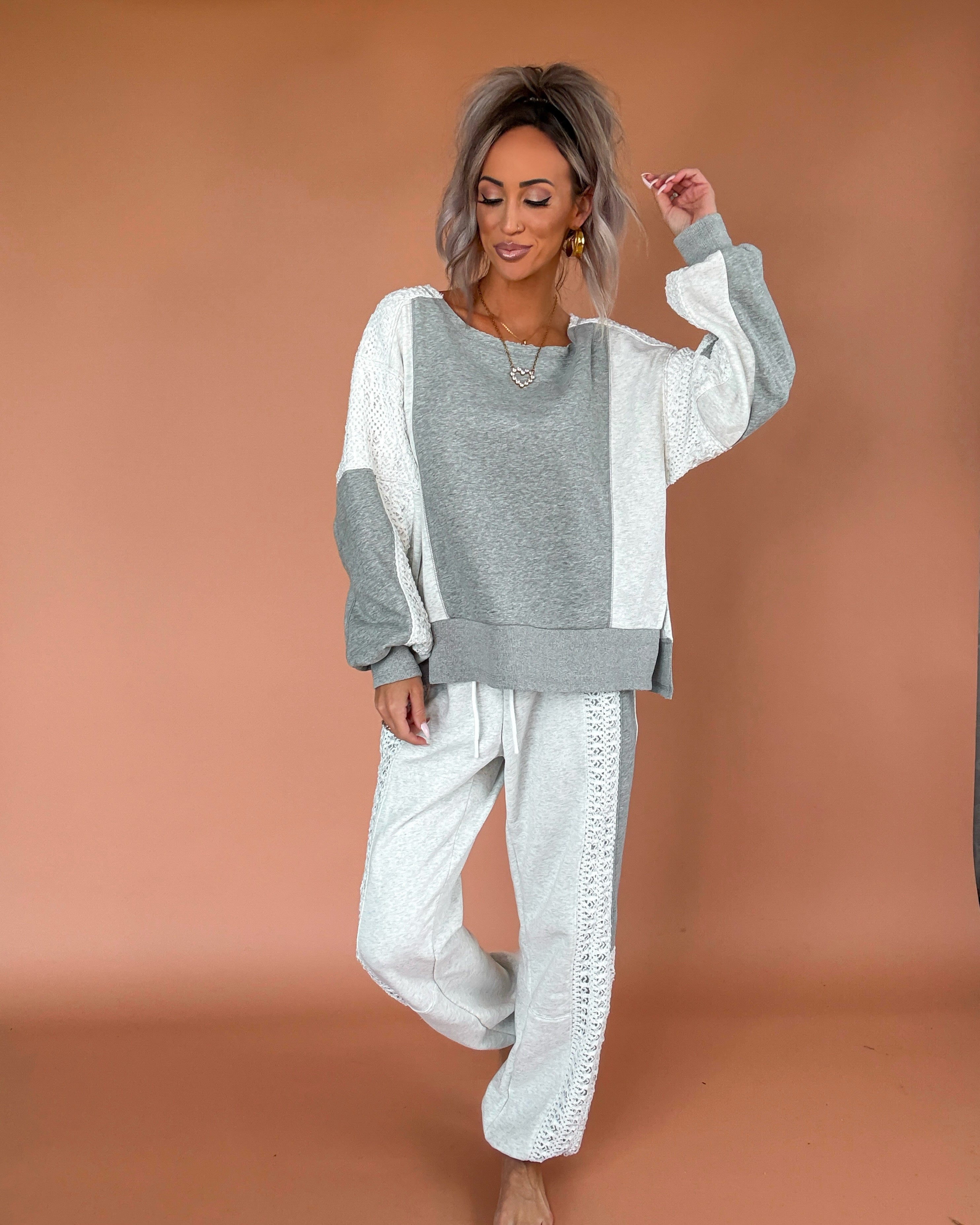 Heathered Muse Crochet Long Sleeve Top - Grey