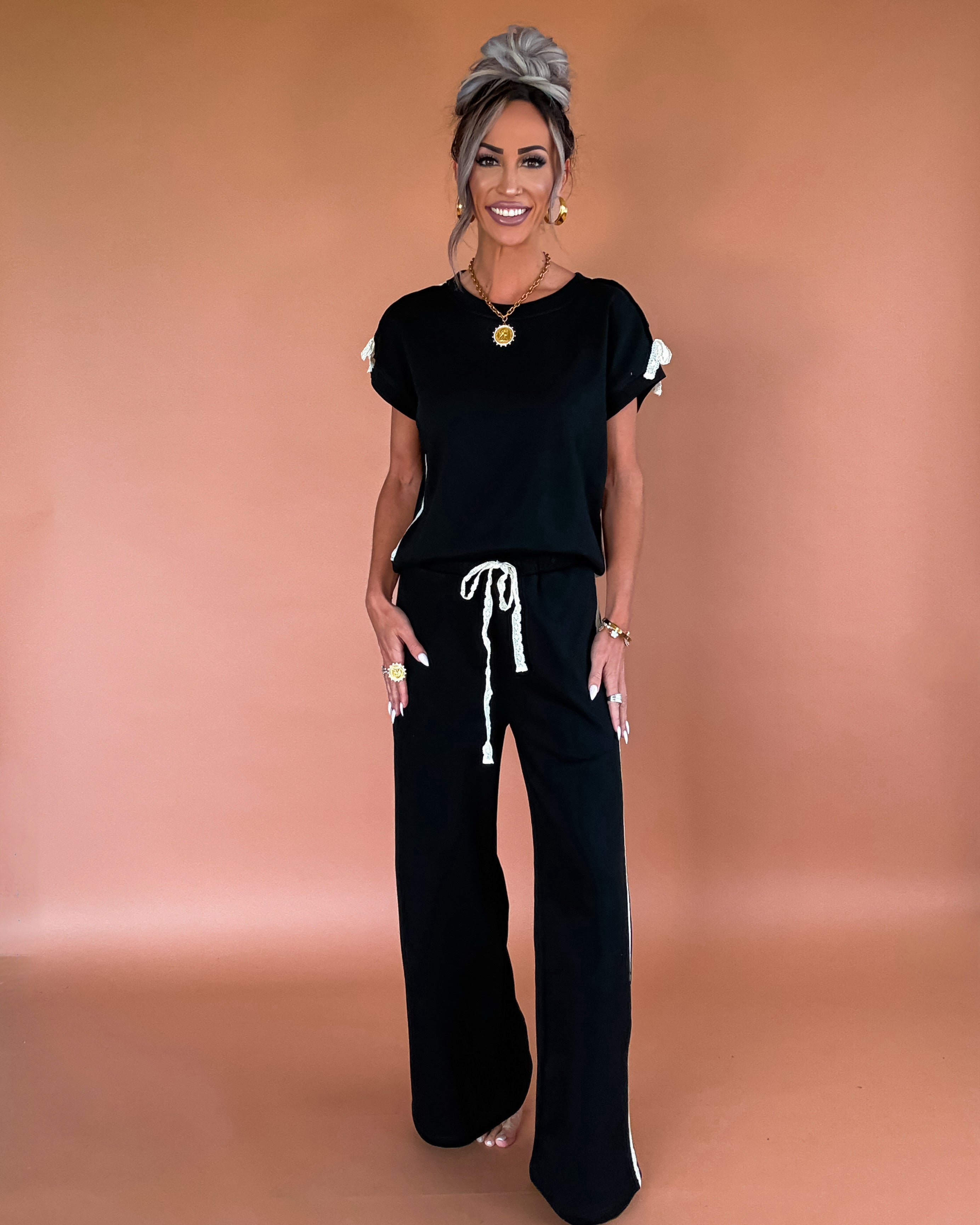 Delicate Details Lace Trim Sweatpants - Black