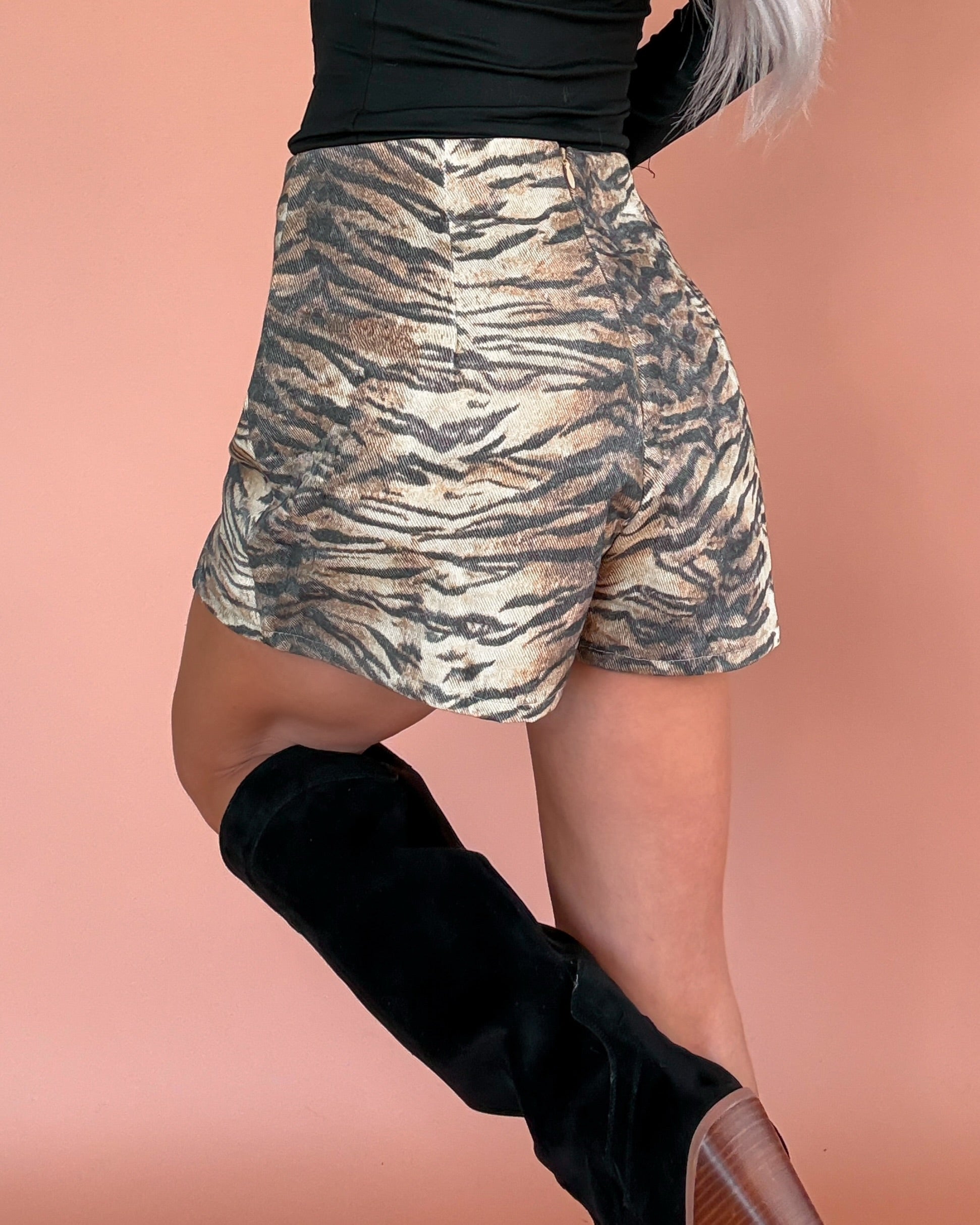 Tawny Theory Tiger Striped Mini Denim Skort - Light Brown/Black
