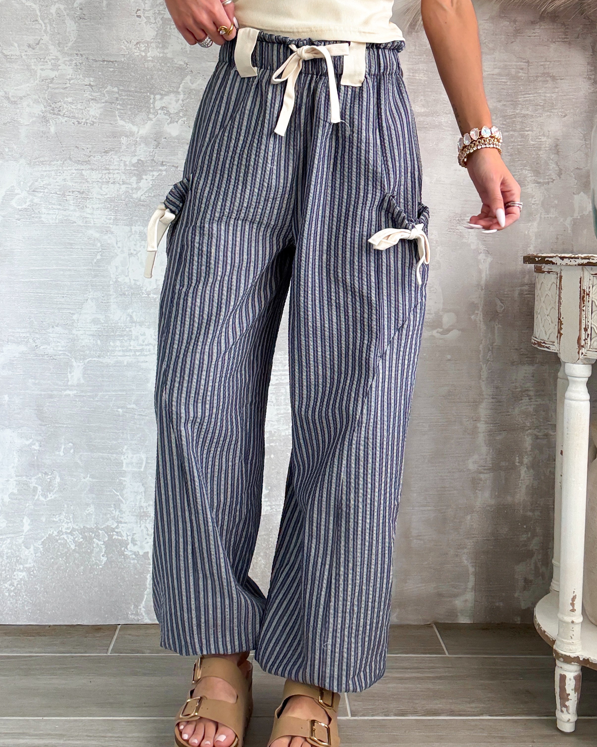 Sweet Stripe Bow Joggers - Navy/White