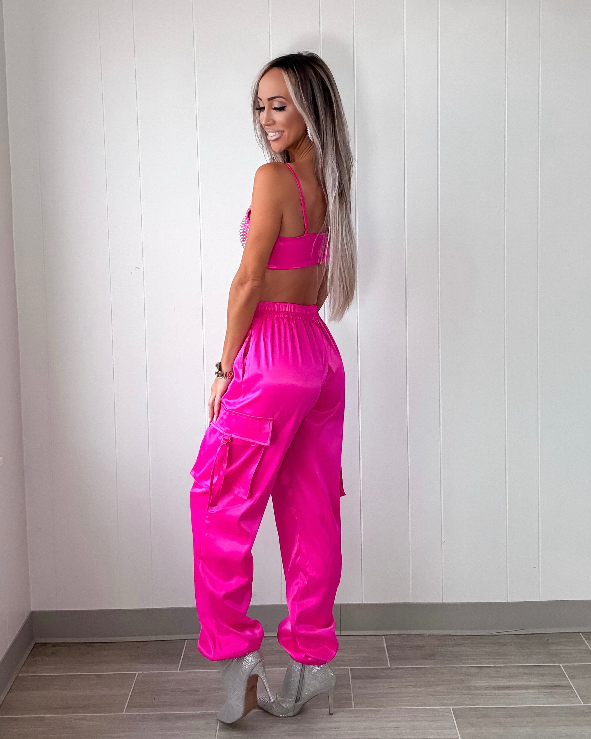 My Life Rhinestone Satin Cargo Jogger Pant Set - Fuchsia