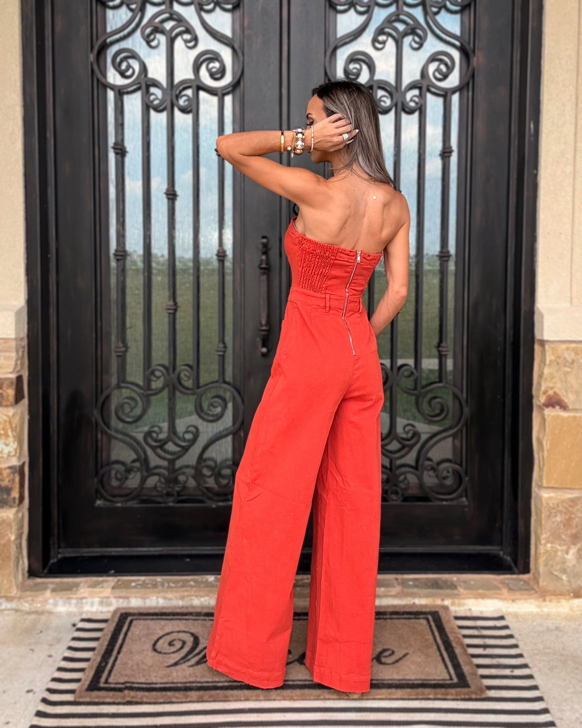 Hot Streak Tube Top Denim Jumpsuit - Terracota