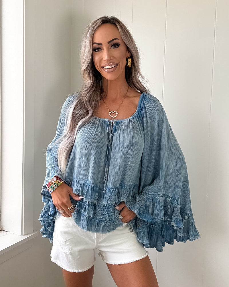 Petal Ruffle Crinkle Top - Denim Blue