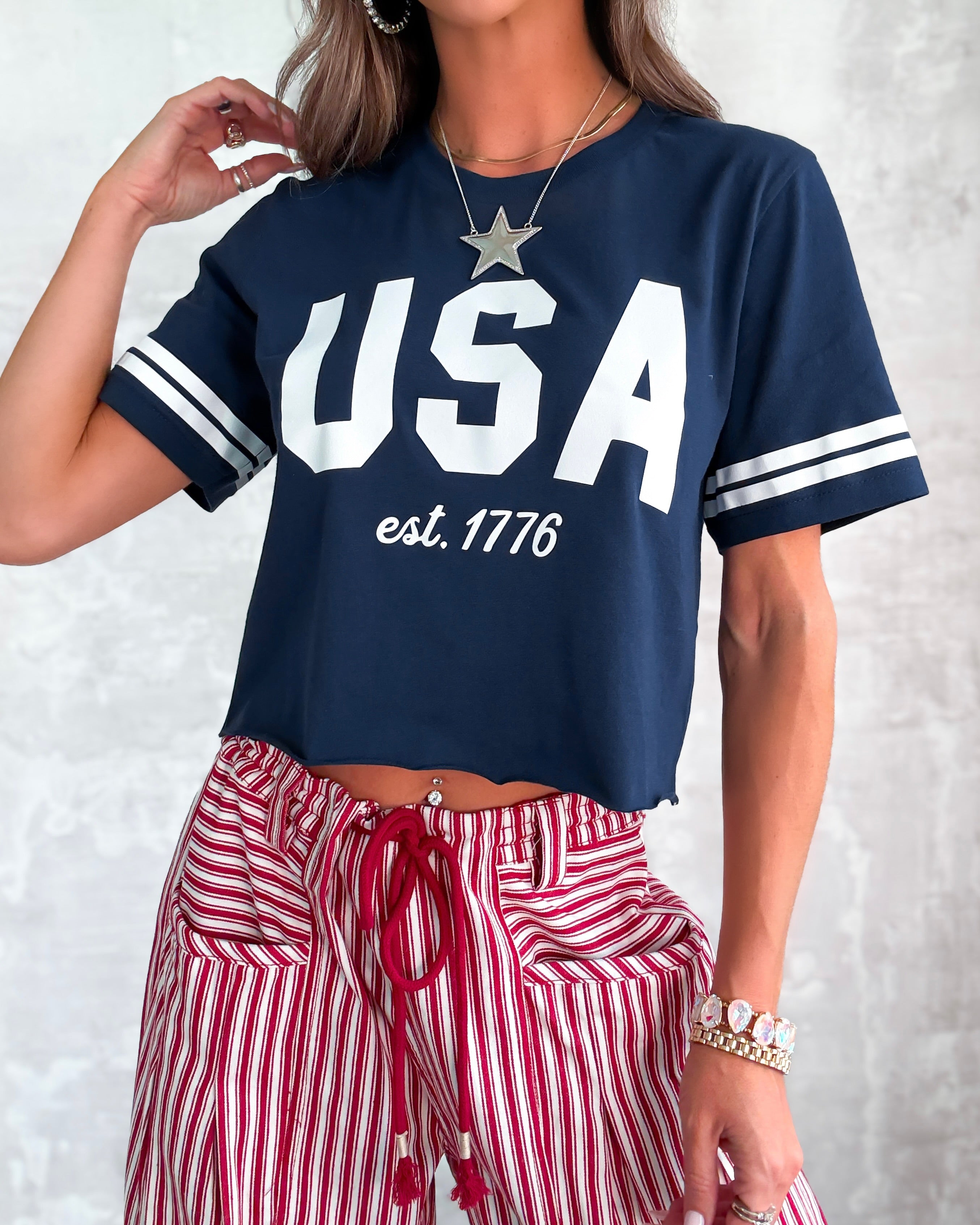 USA Patriotic Crop Top - Navy