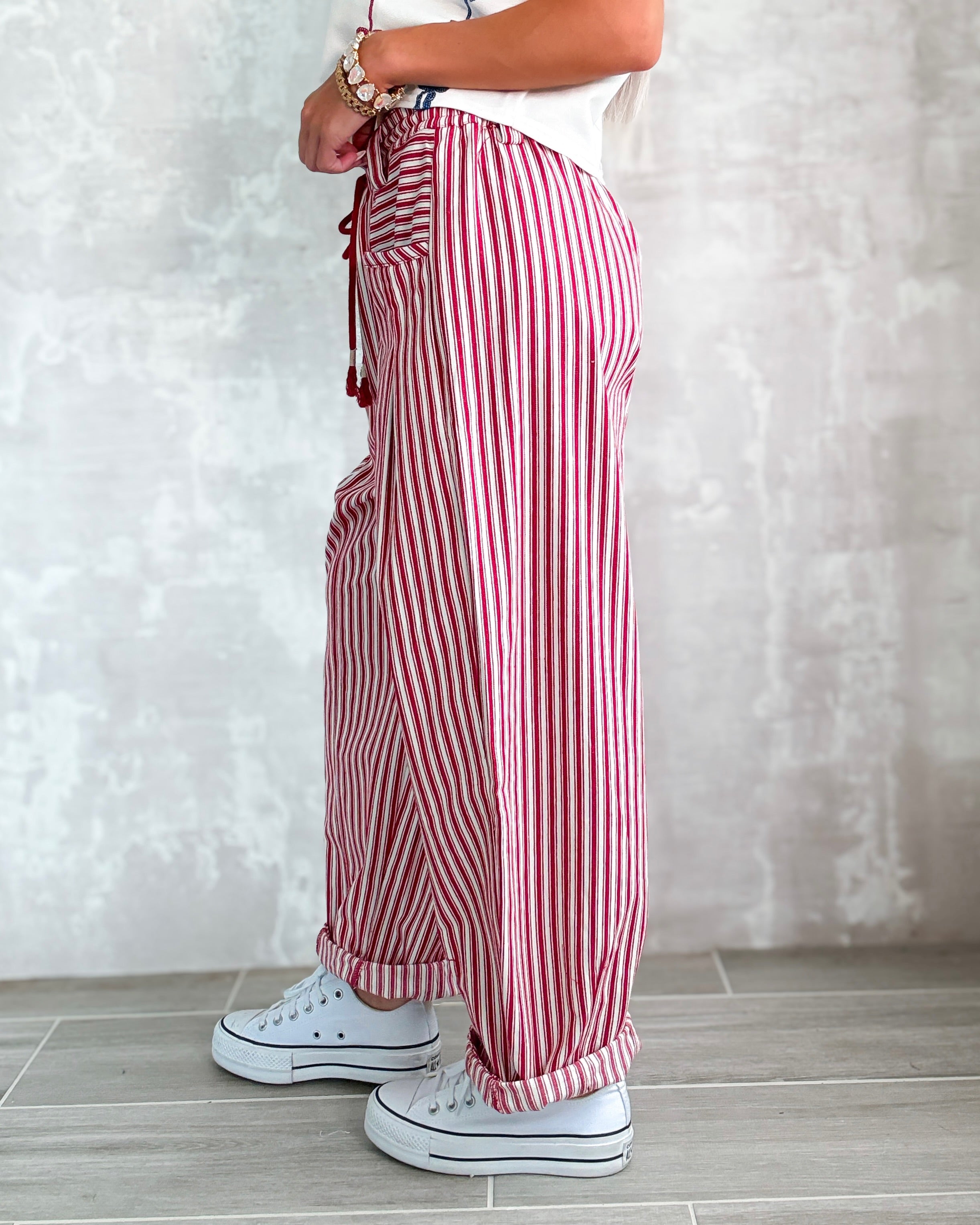 Americana Dream Striped Barrel Jeans - Red
