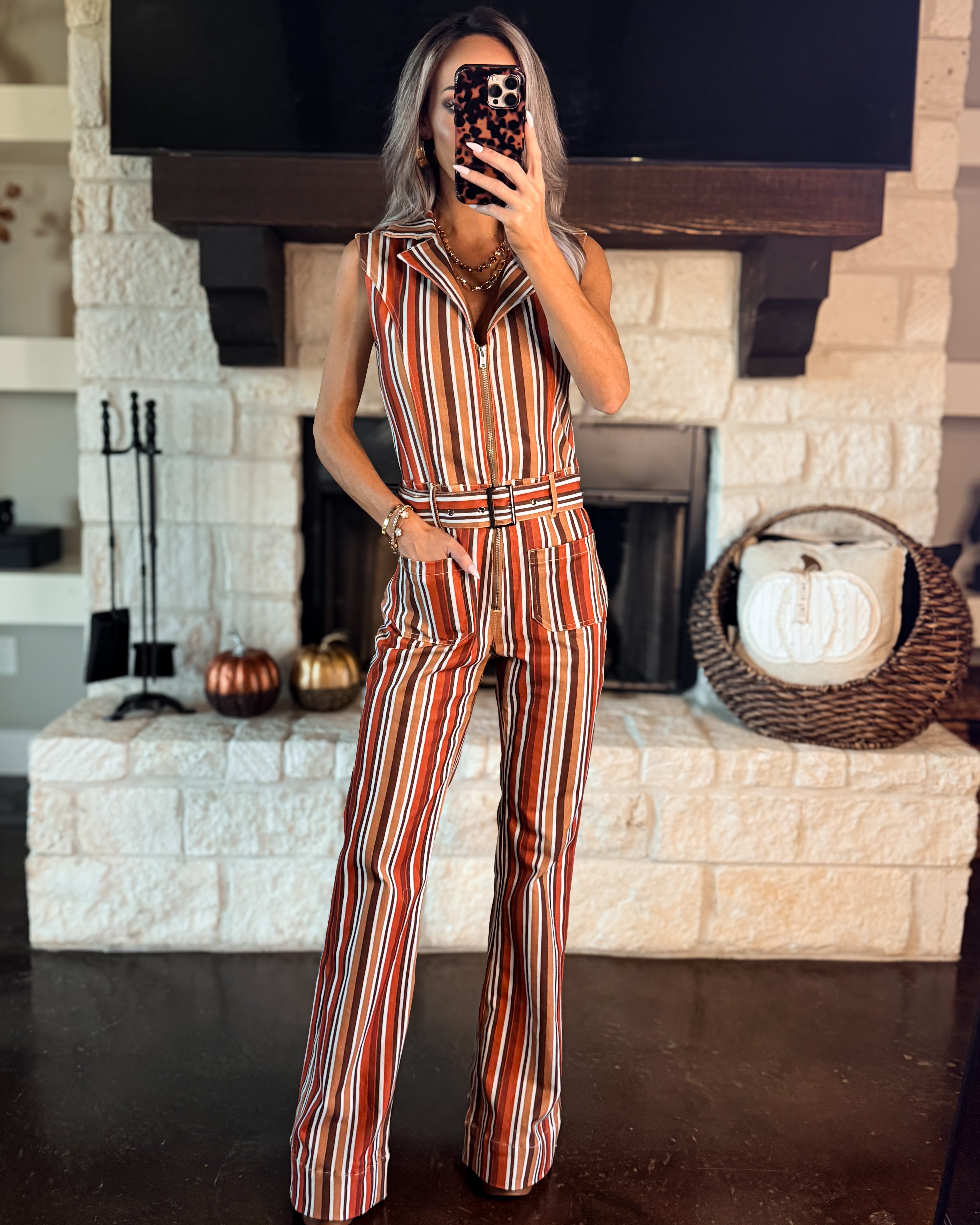 Autumn Rhythm Striped Jumpsuit - Rust
