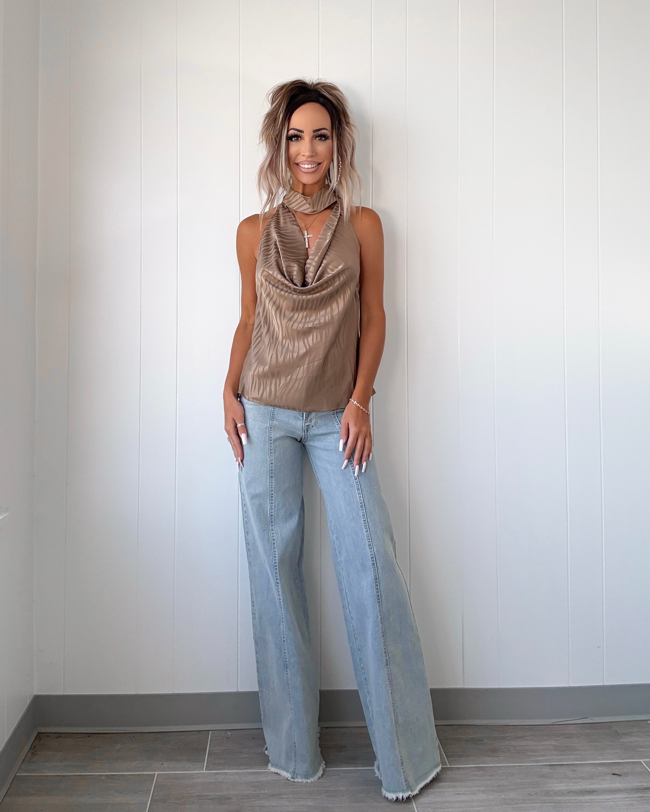 Satin Zebra Halter Top - Mocha