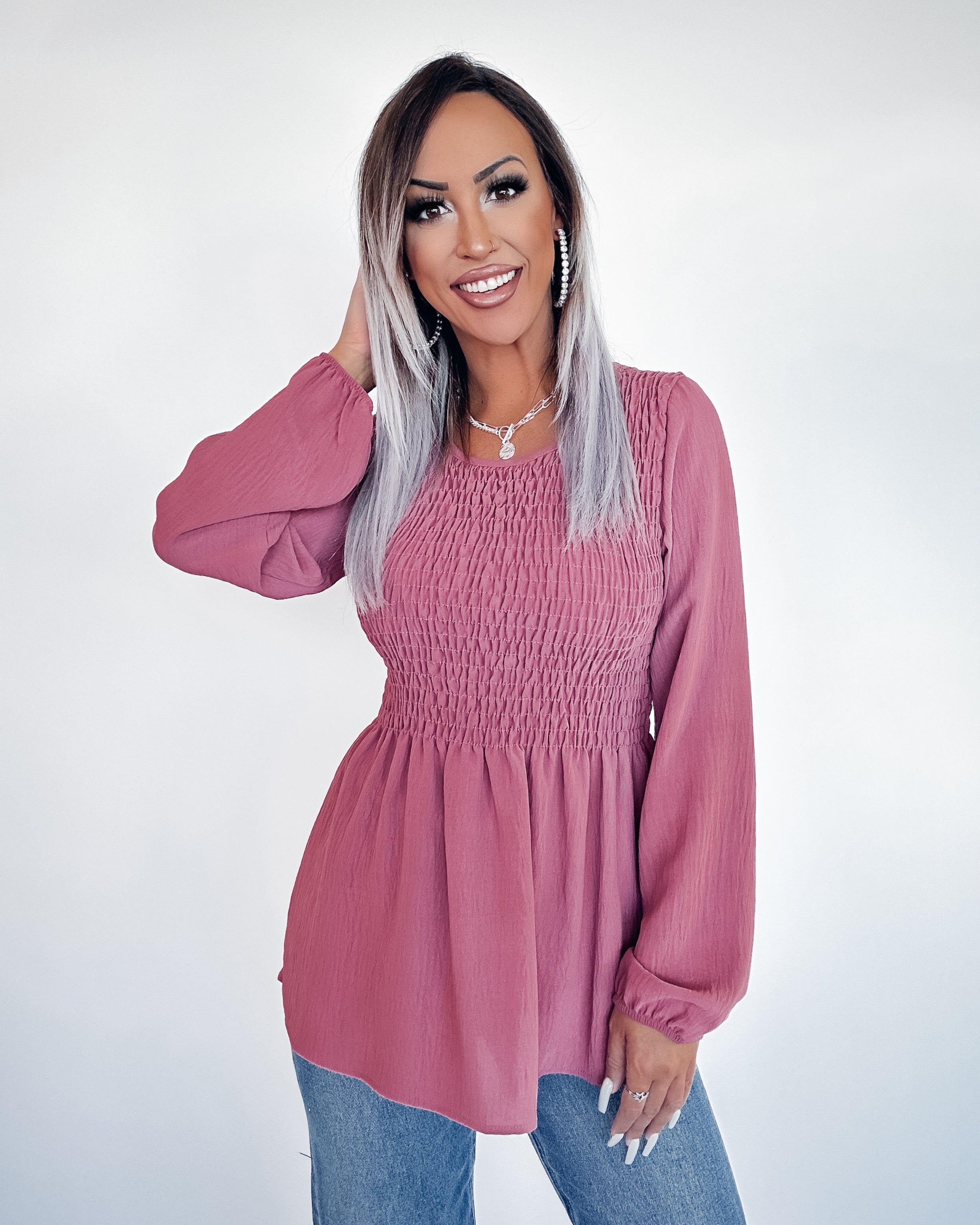 Rise Above Smocked Long Sleeve Top - Mauve