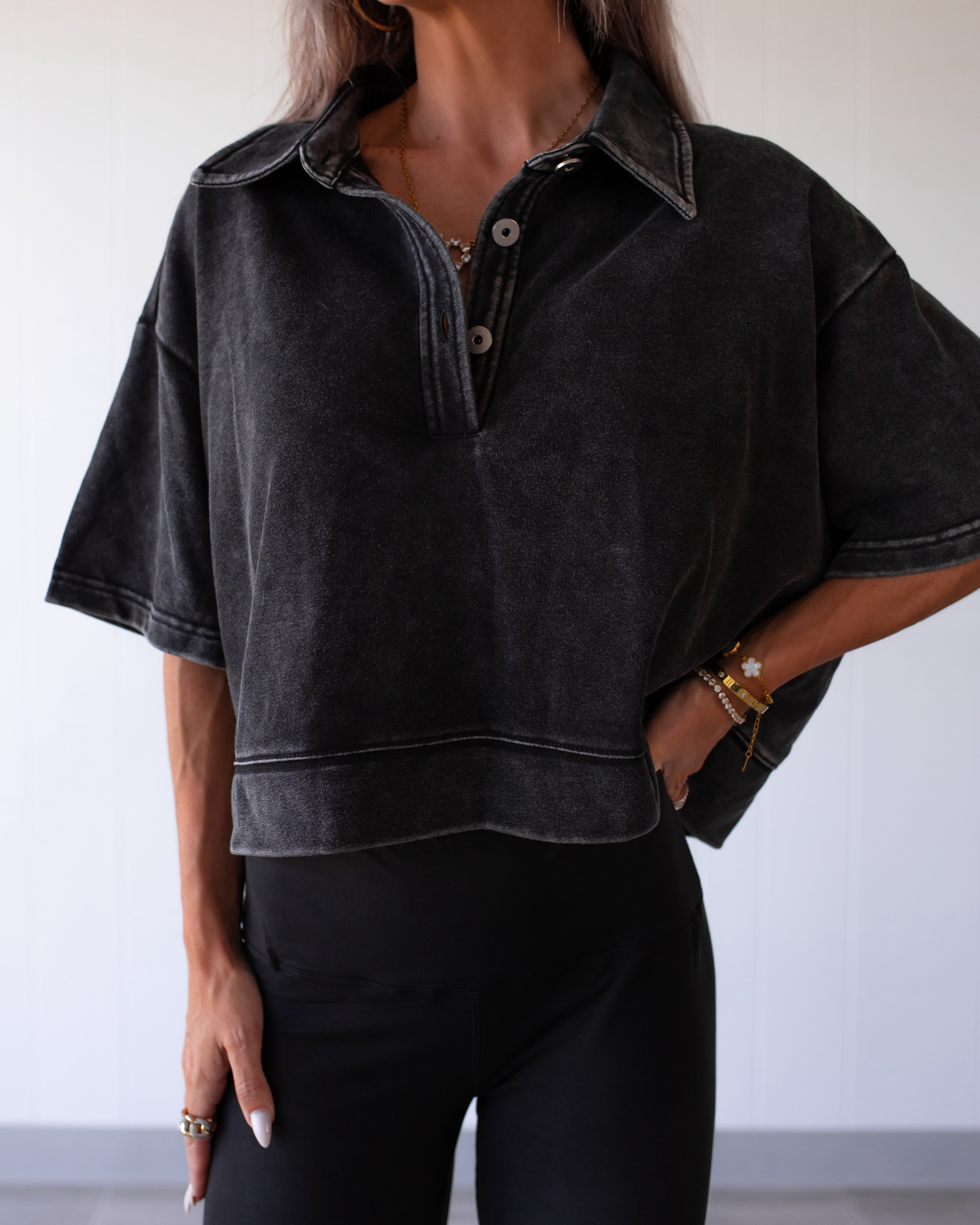 Modern Ease Cotton Terry Button Top - Black