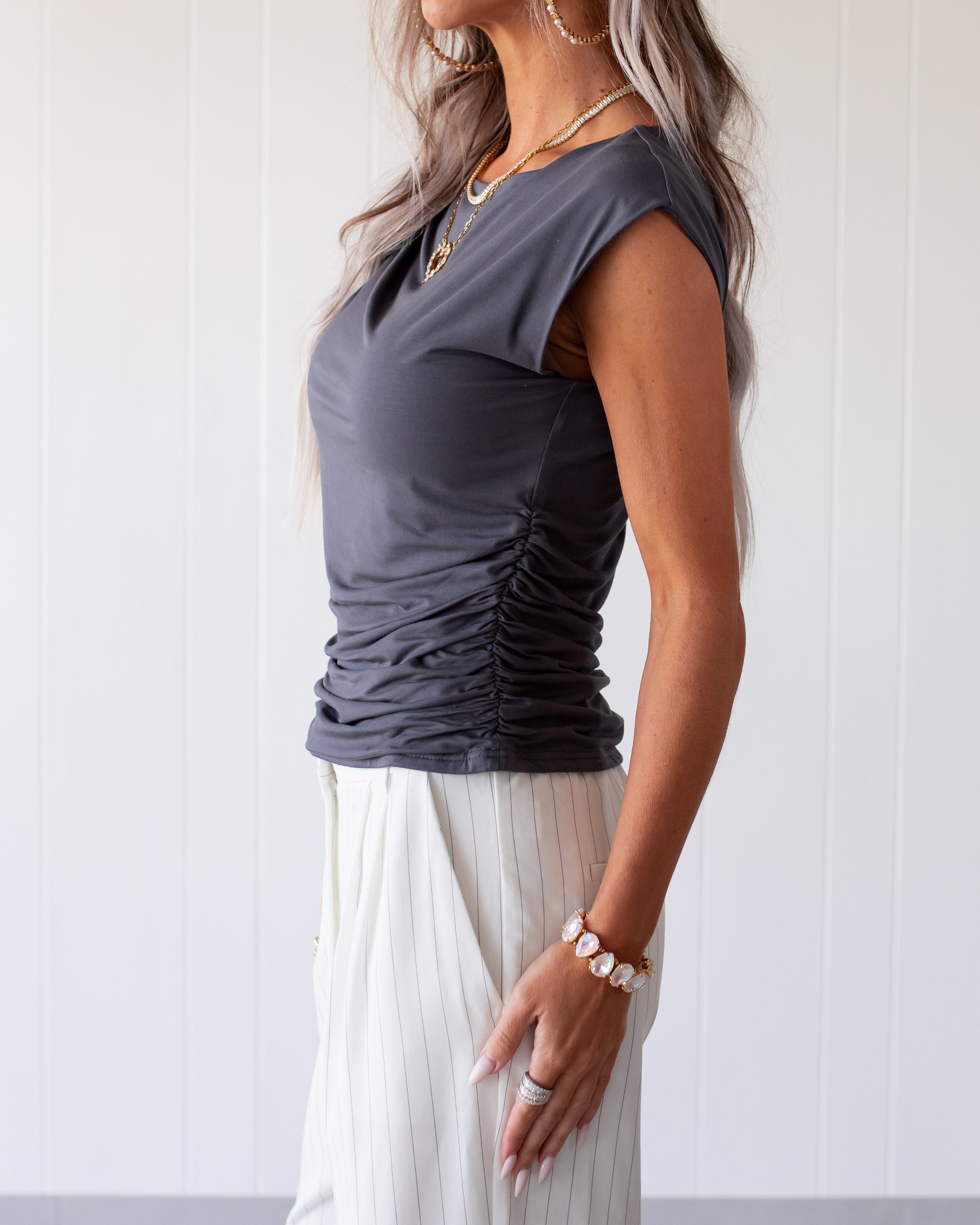 Ruched & Radiant Boat Neck Tank - Slate Blue