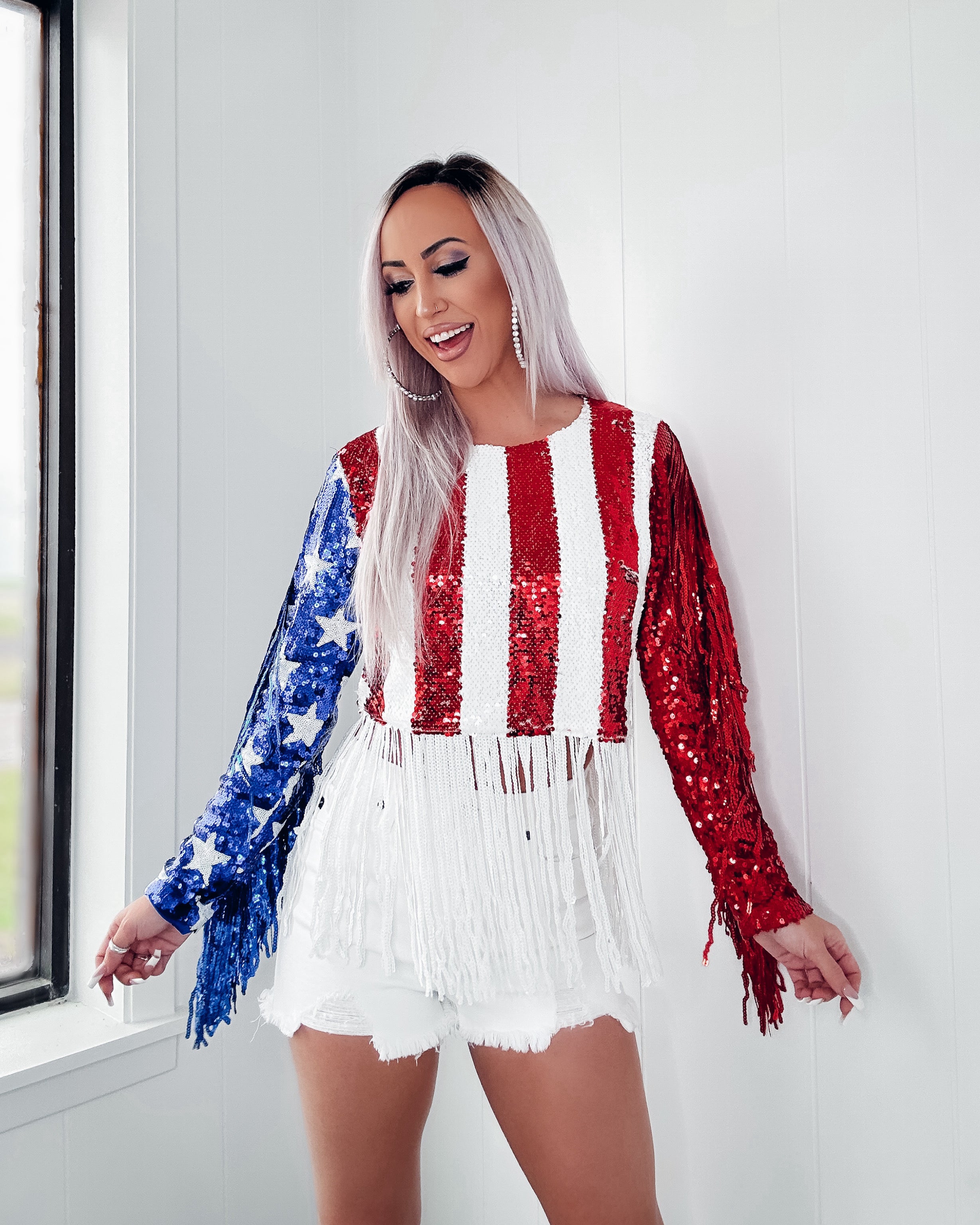 American Fringe Sequin Crop Top - Red/White/Blue