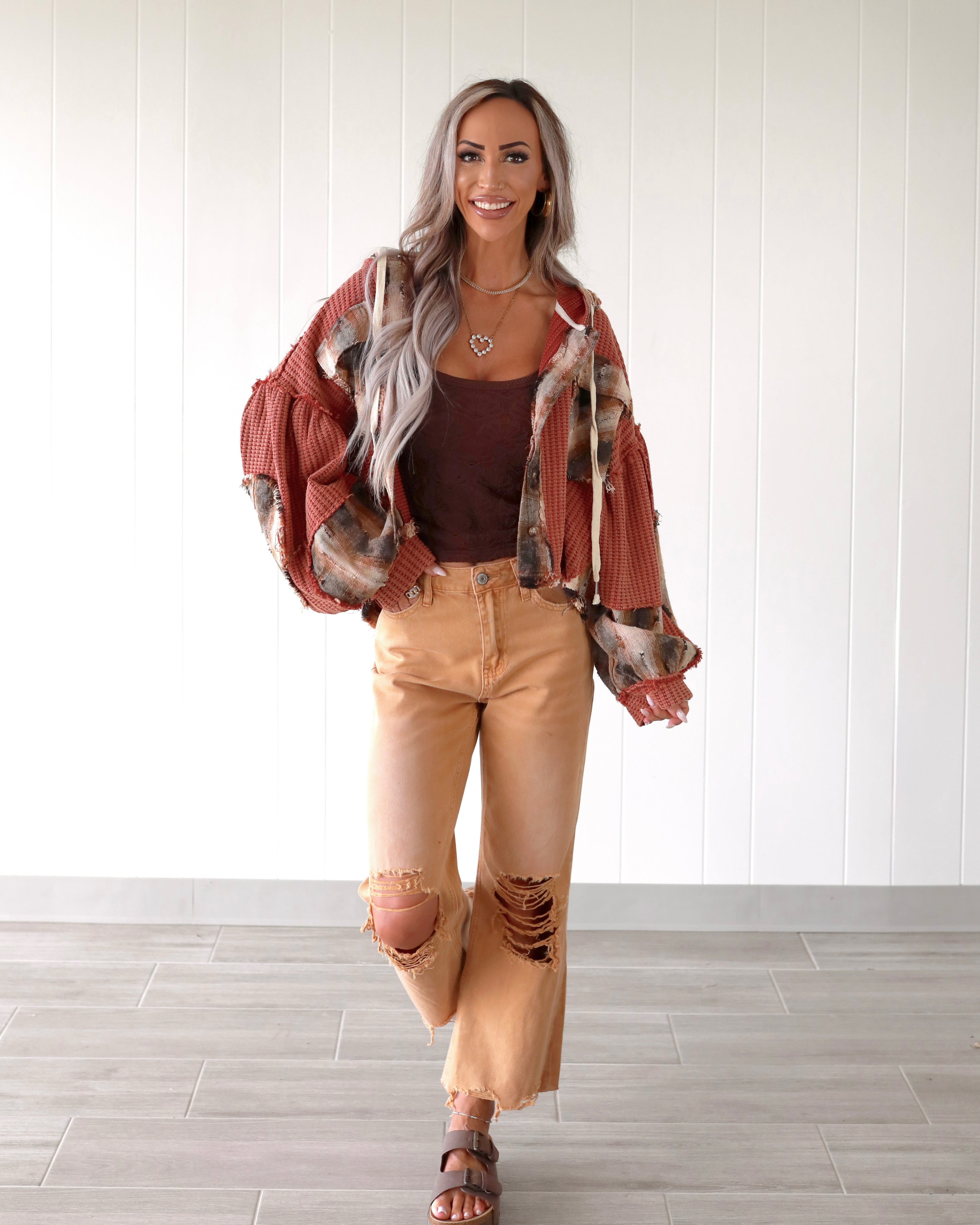 Sweet Patchwork Hooded Top - Maroon