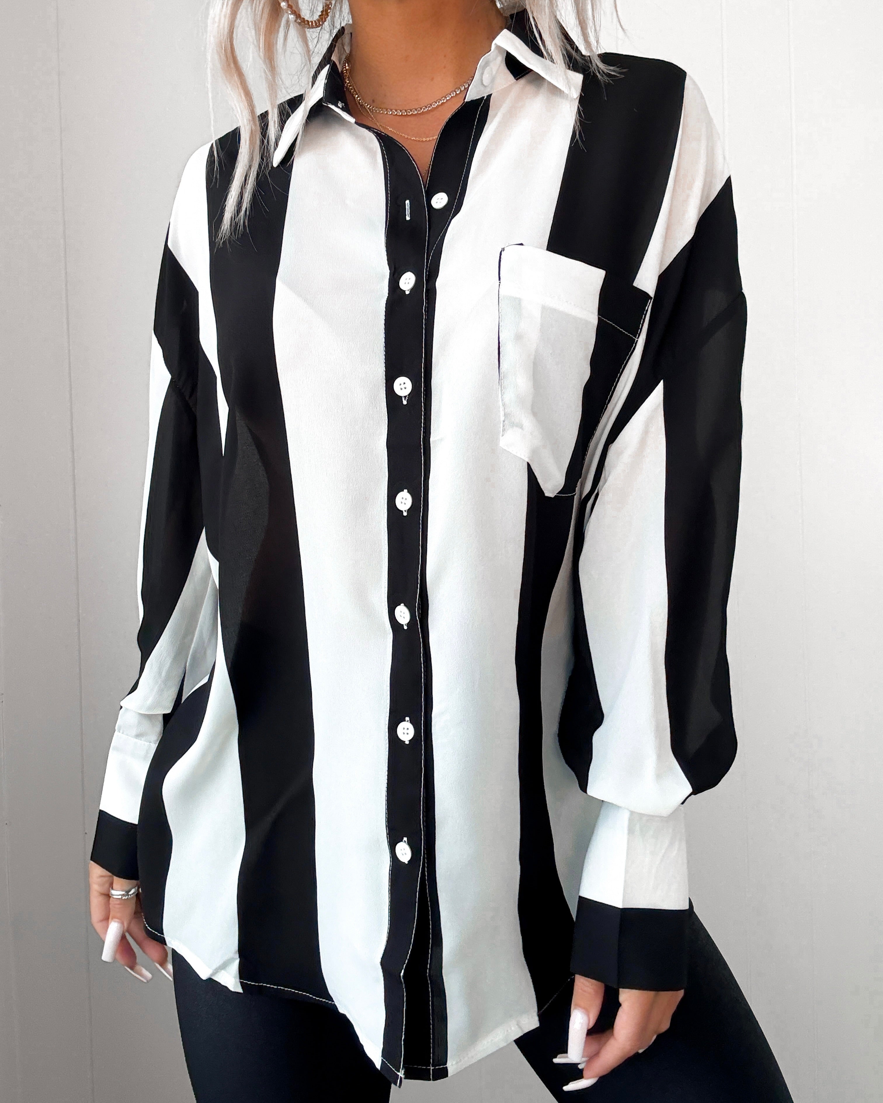 Twilight Stroll Striped Button Down Top - Black