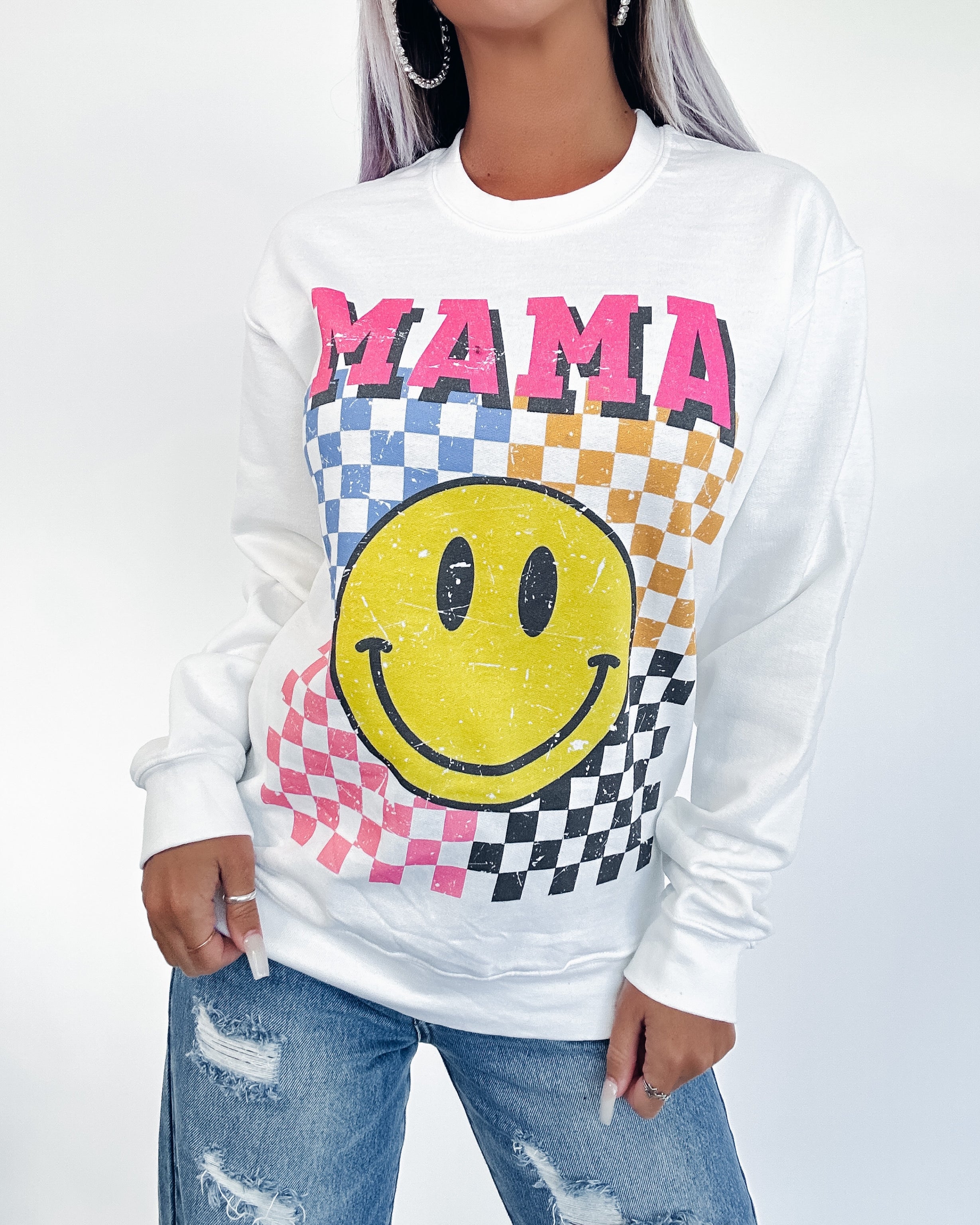 Mama Checkered Sweatshirt- White