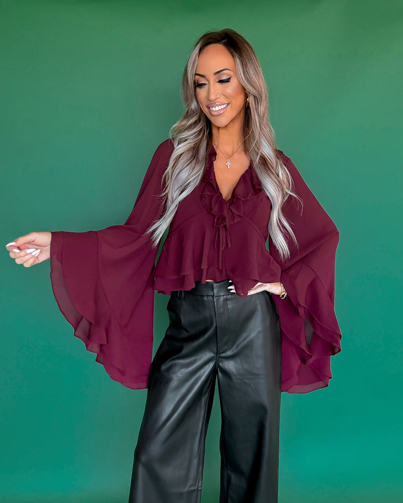 Miss Lovely Ruffle Long Sleeve Top - Burgundy