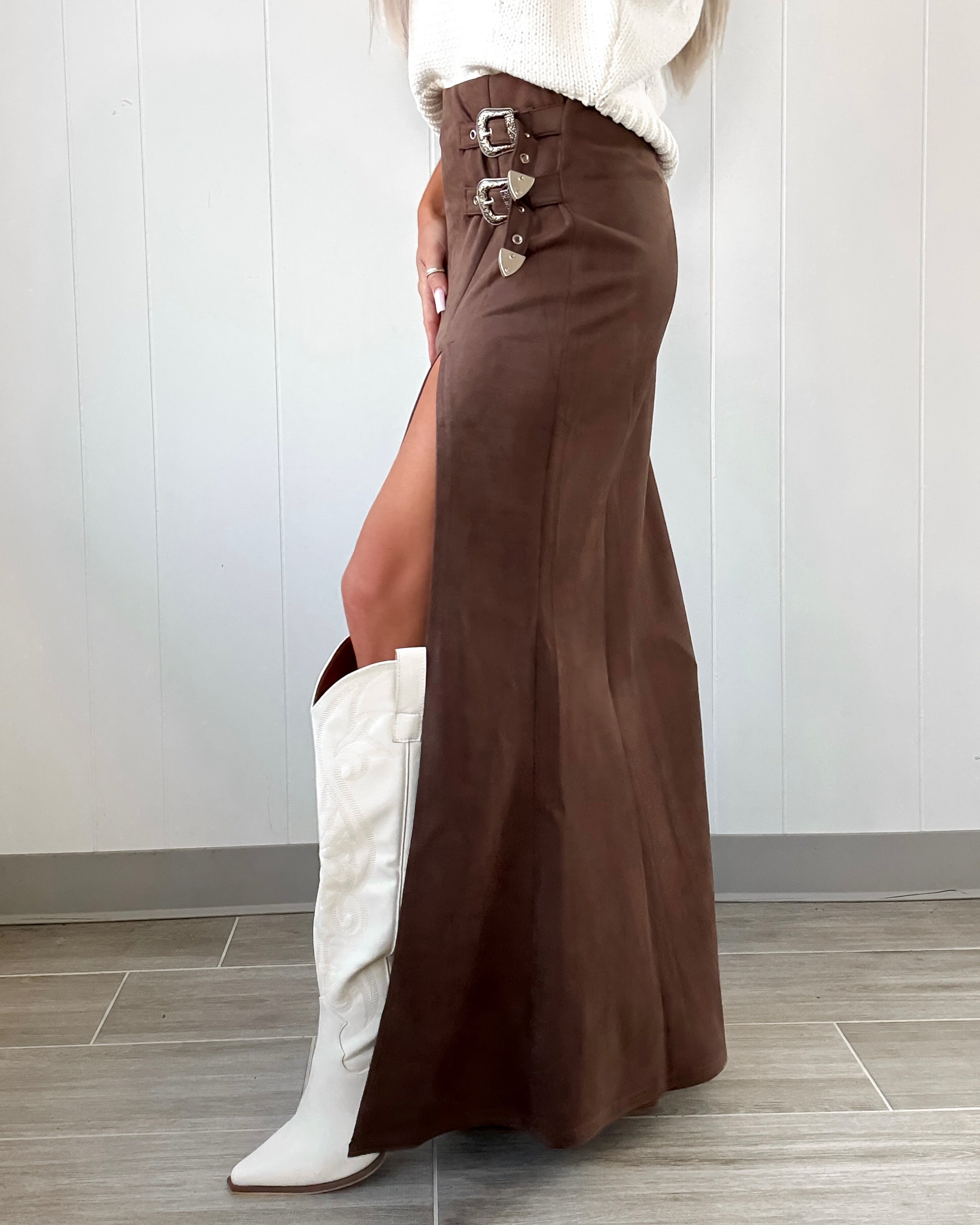 Risk Taker Buckle Suede Skirt - Brown