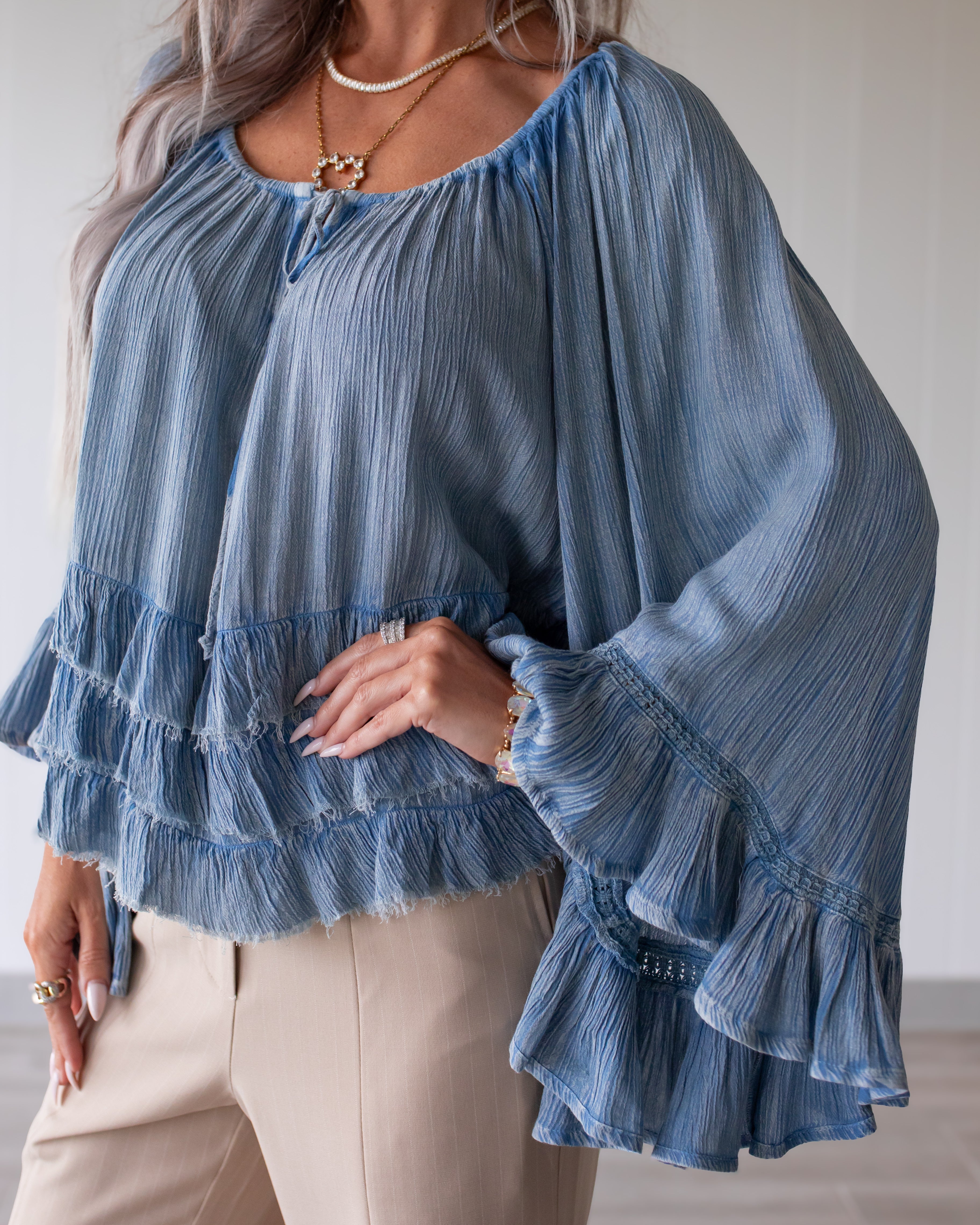 Petal Ruffle Crinkle Top - Denim Blue
