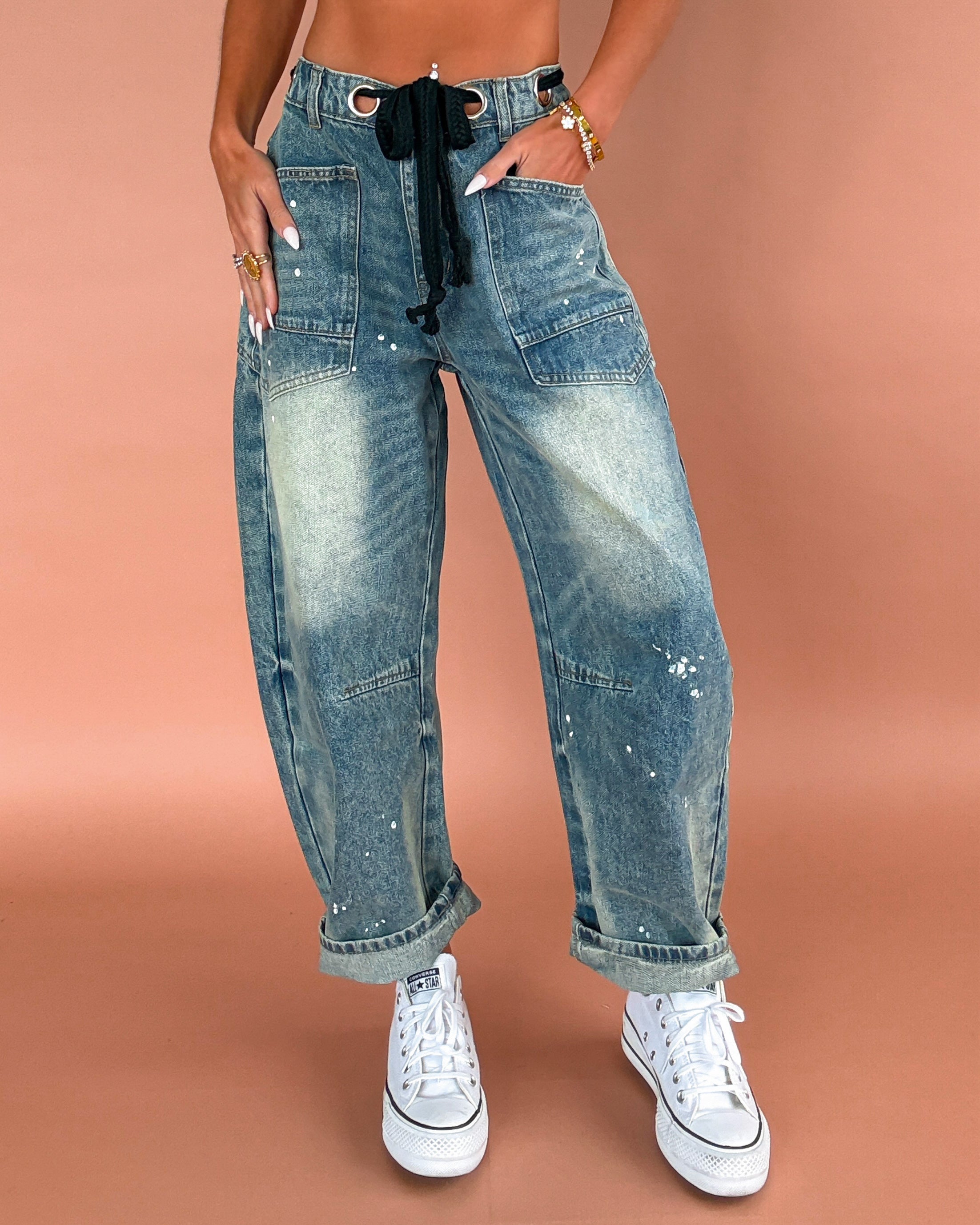 Maya Splattered Barrel Jeans - Medium Wash