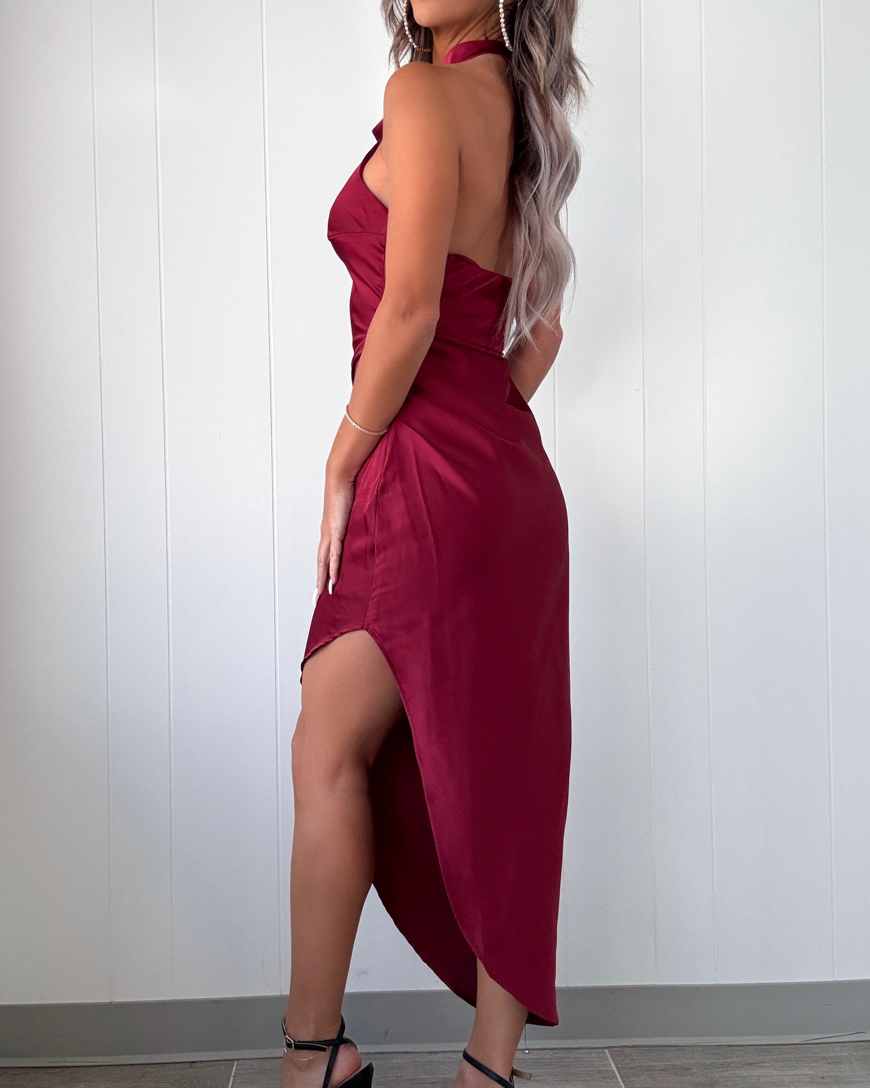 Effortless Satin Side Pleated Dress - Burgundy