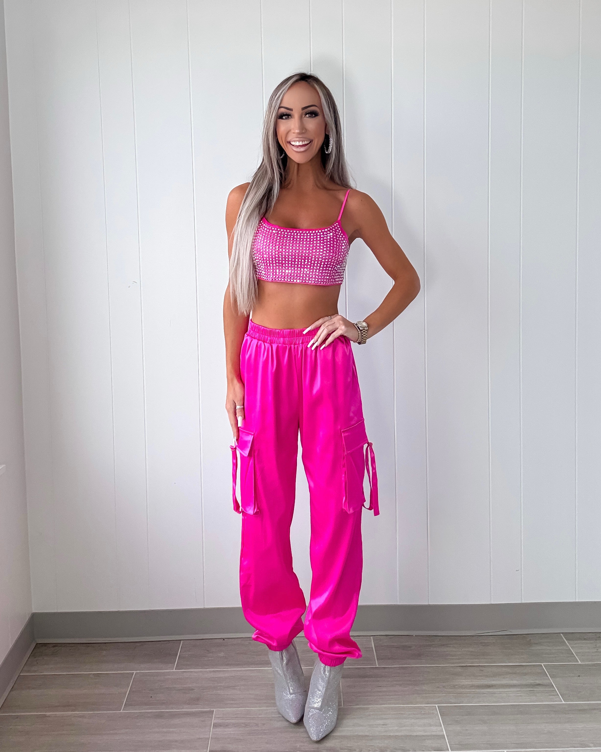 My Life Rhinestone Satin Cargo Jogger Pant Set - Fuchsia