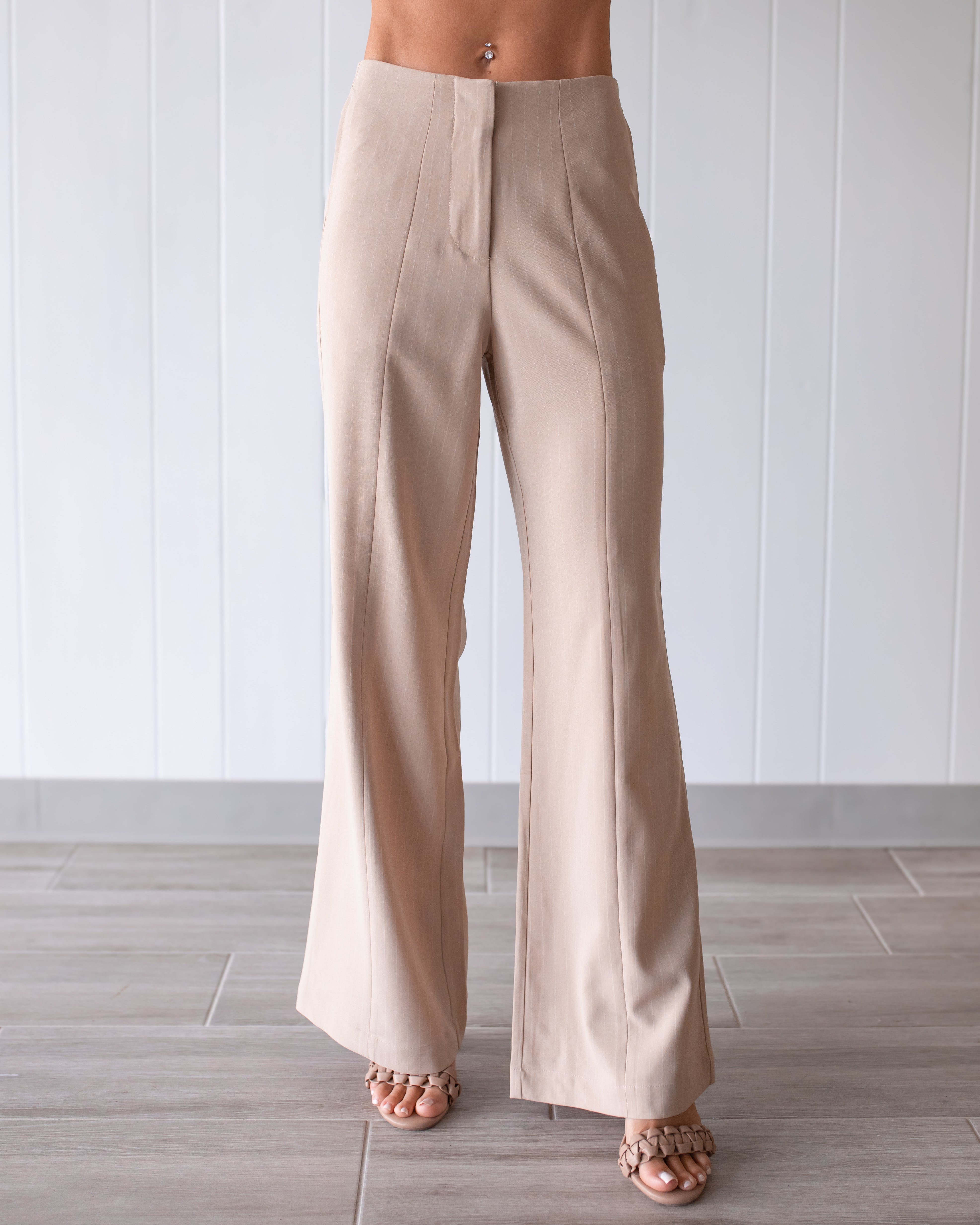 Valencia Pinstripe Wide Leg Trousers - Taupe