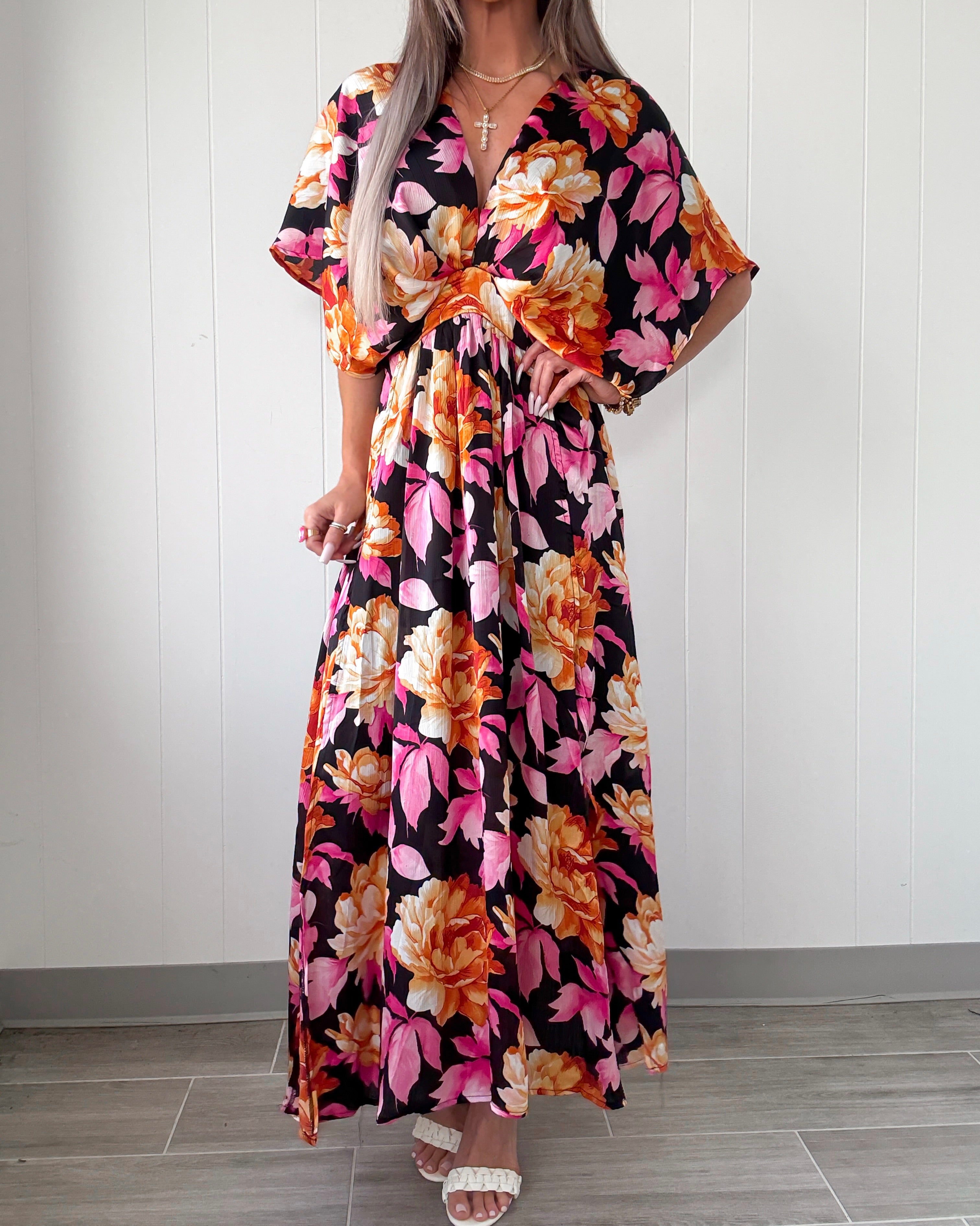Petal Dreams Kimono Sleeve Dress - Black