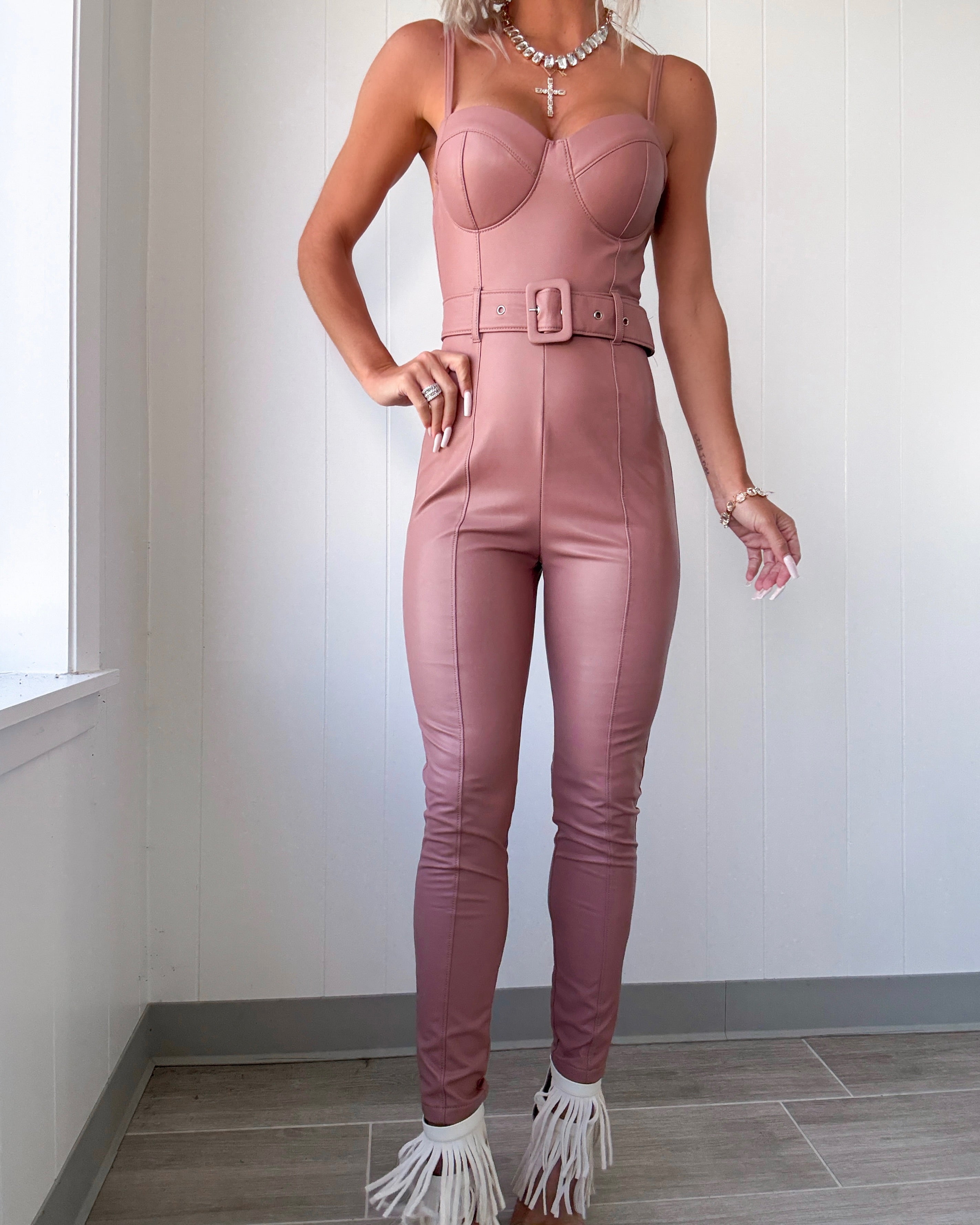 Hot Pursuit Faux Leather Jumpsuit - Dark Mauve