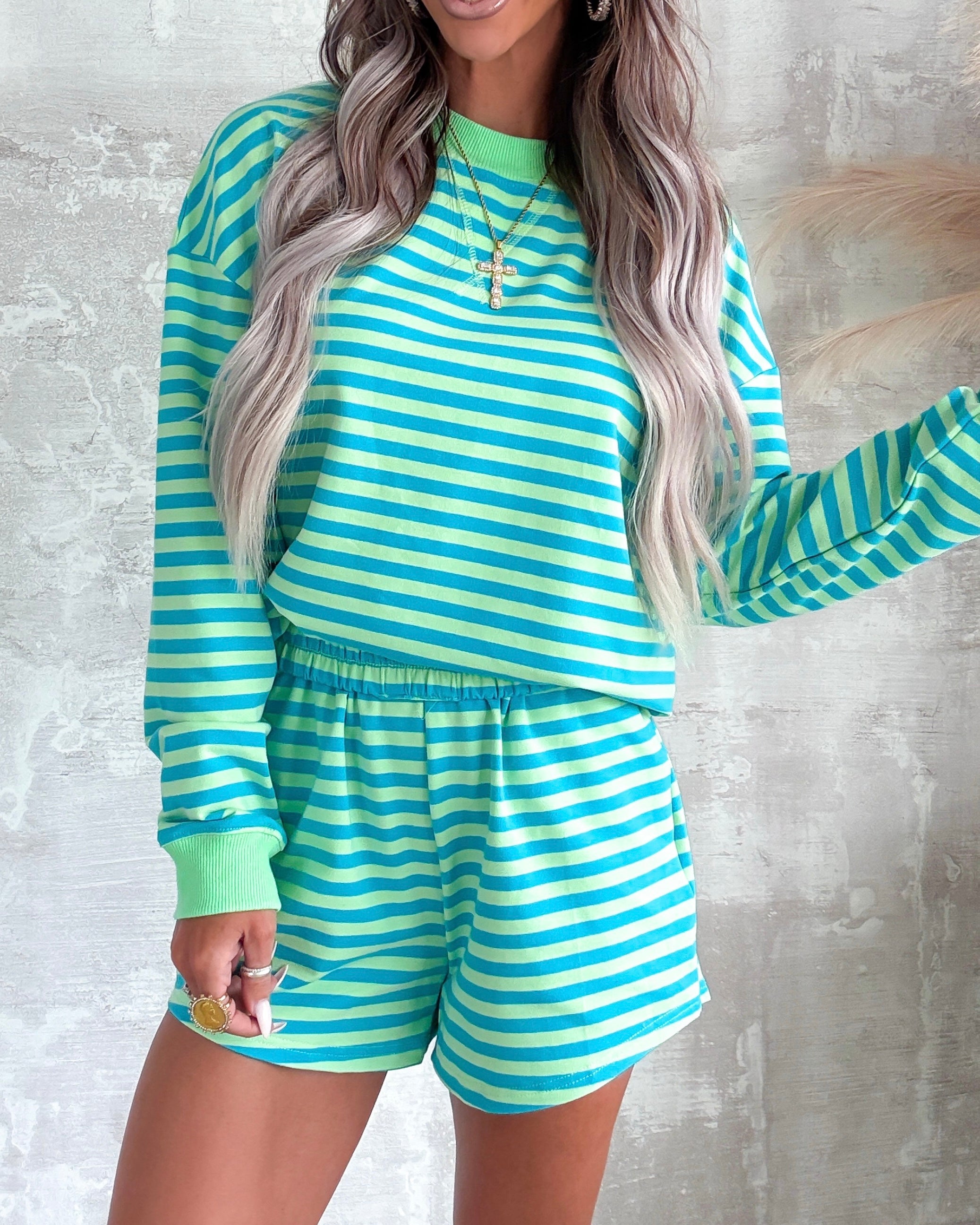 Ocean Palm Striped Shorts Set - Green/Aqua