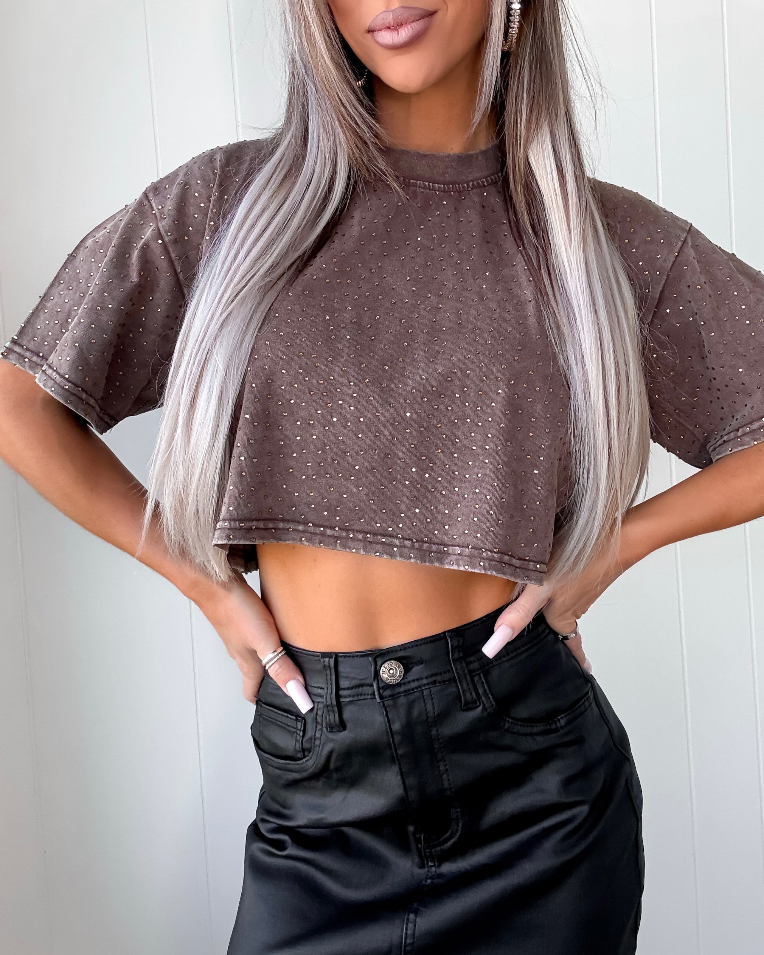 Studded Shine Crop Tee - Brown