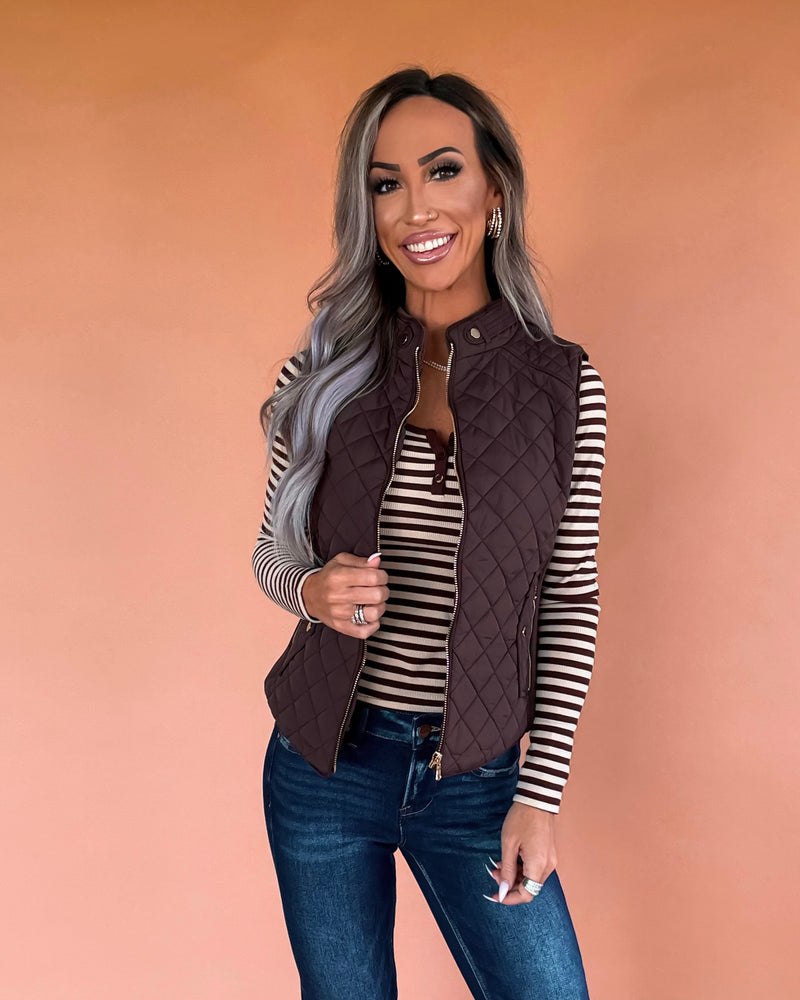 Sight Seeing Quilted Padded Vest - Chocolate