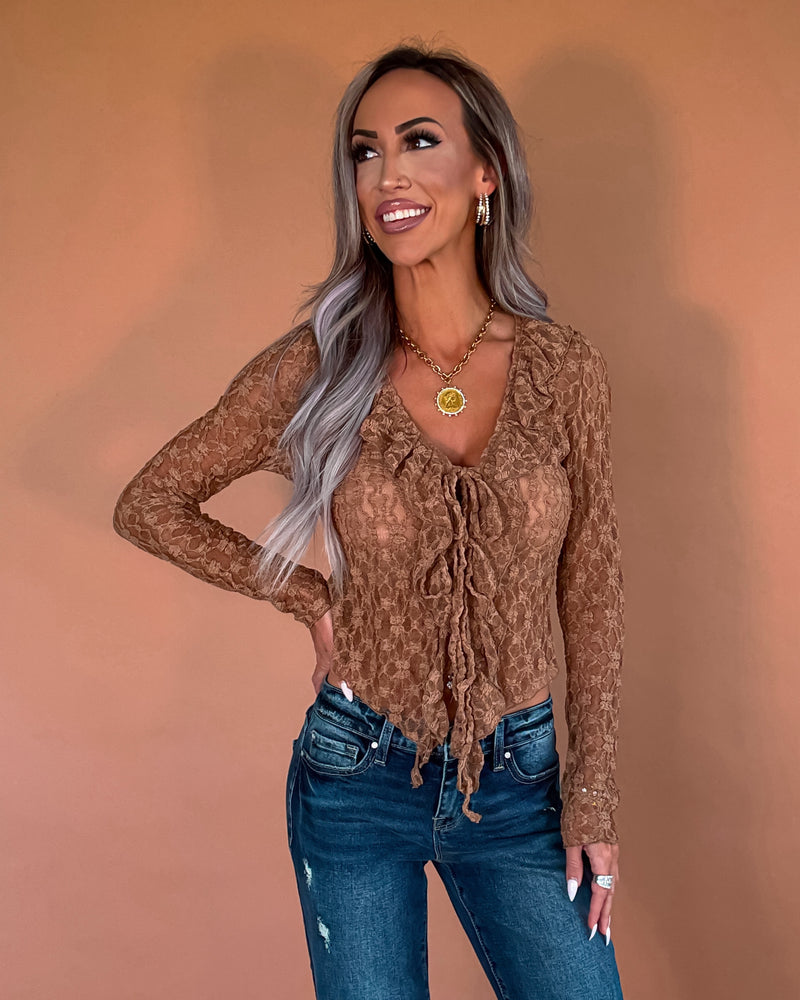 Lace Me Up Sheer Tie Top - Taupe