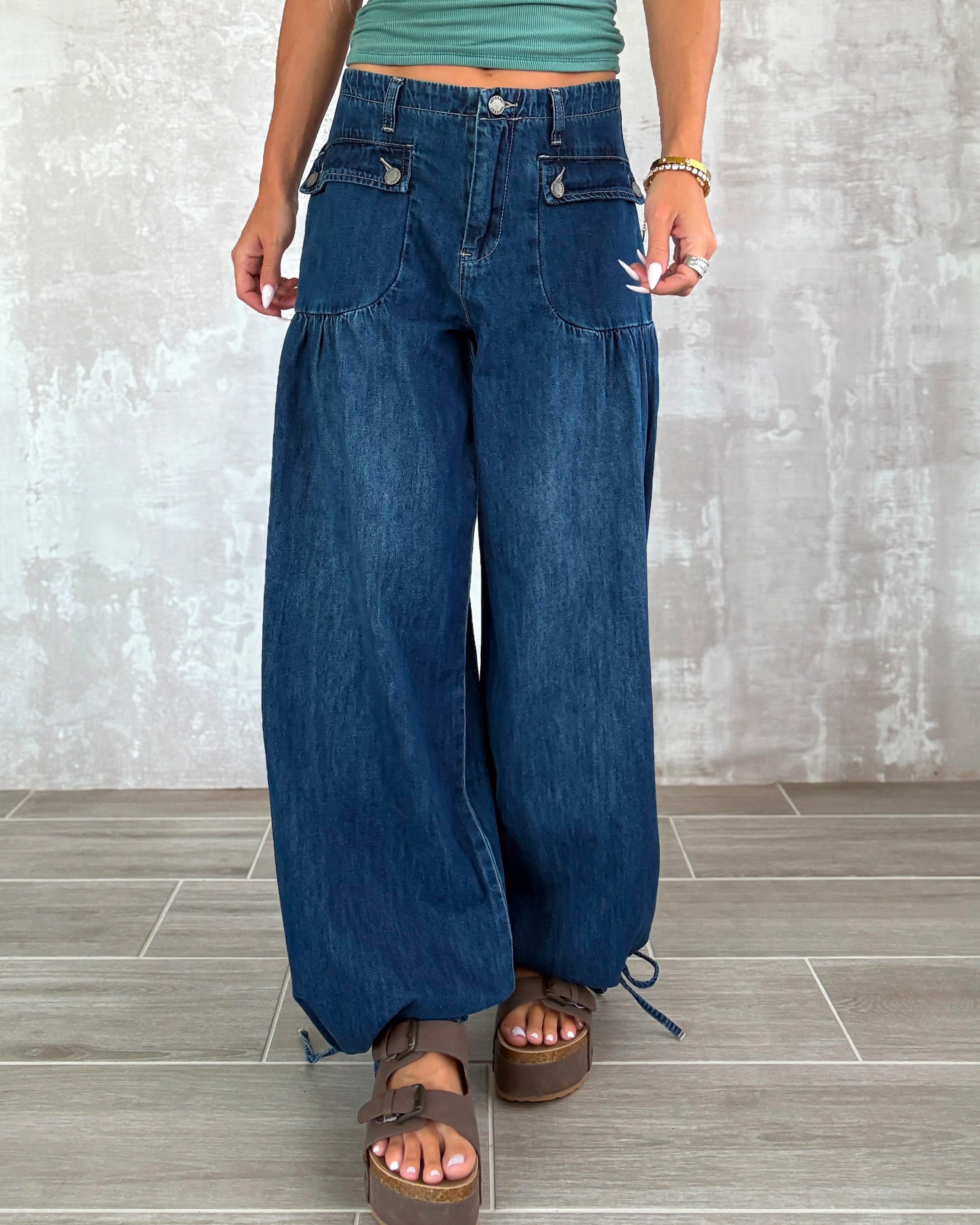 Denim Darling Ankle Drawstring Wide Pants - Dark Wash