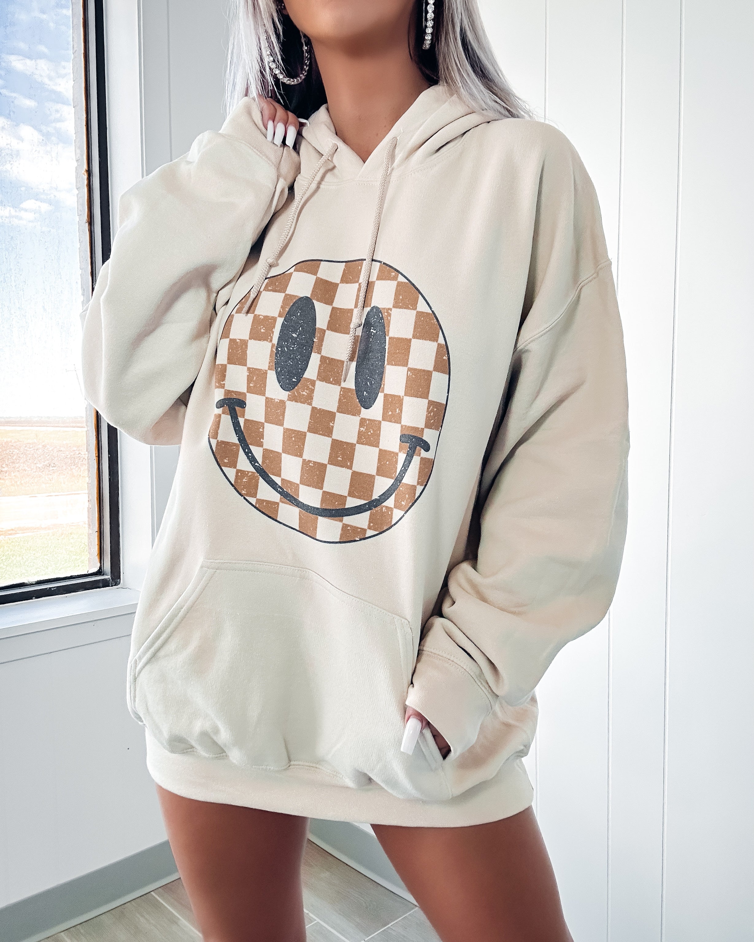 Miley Checkered Smiley Hoodie- Beige