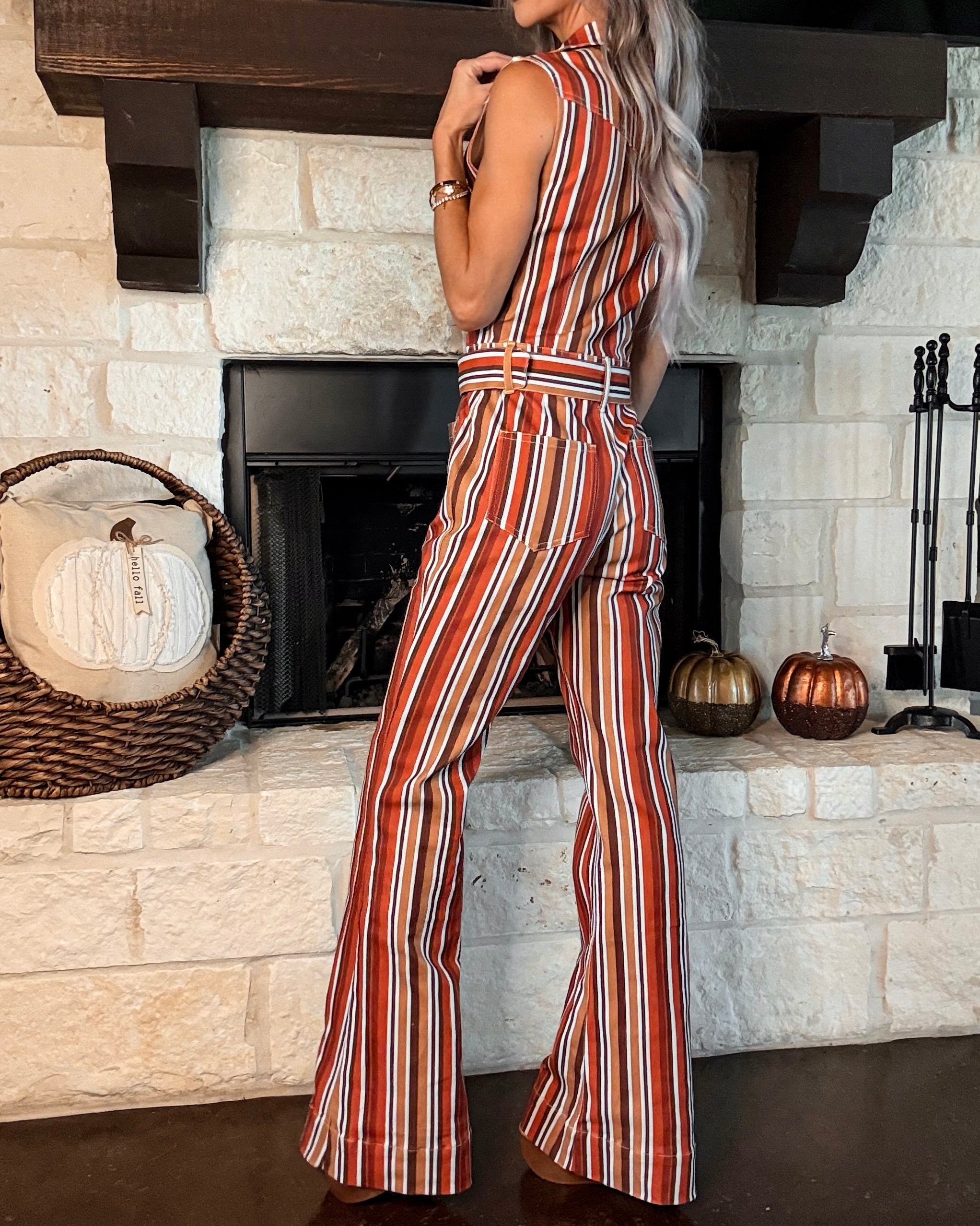 Autumn Rhythm Striped Jumpsuit - Rust