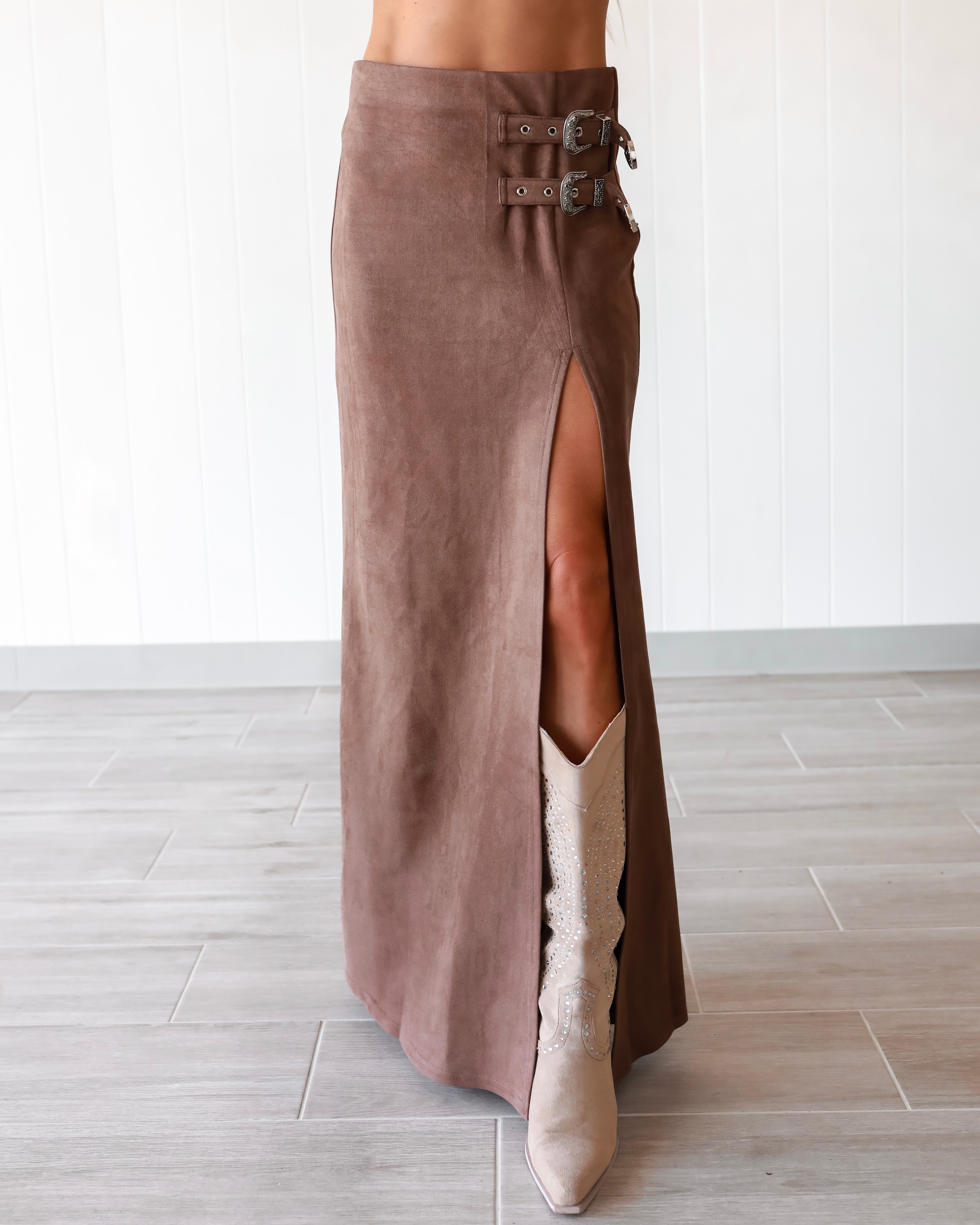 Risk Taker Buckle Suede Skirt - Brown
