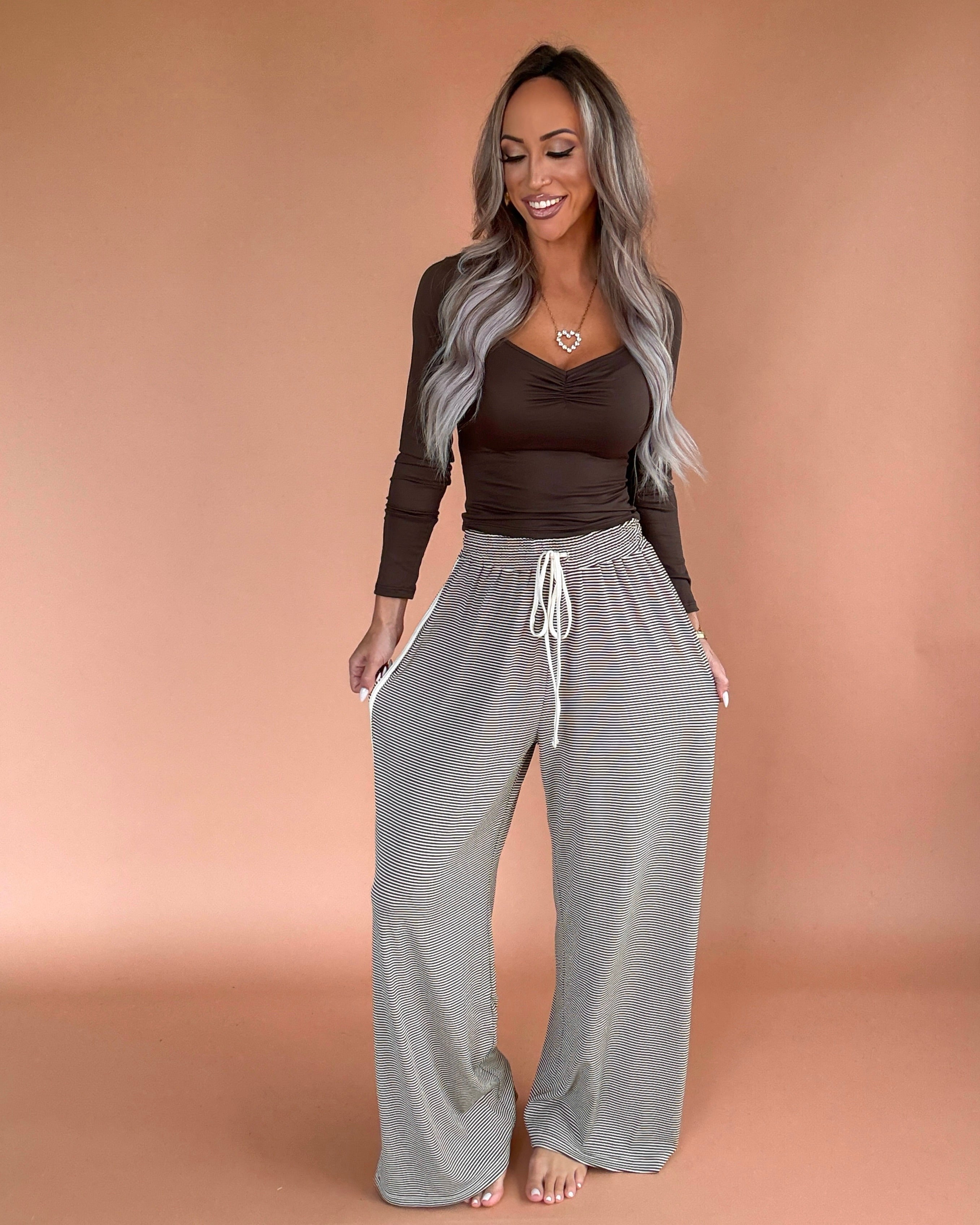 Sugarwood Striped Wide Leg Pants - Brown/Cream