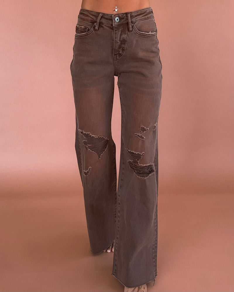 Hunie High Rise Straight Leg Tummy Control Jeans - Copper Brown