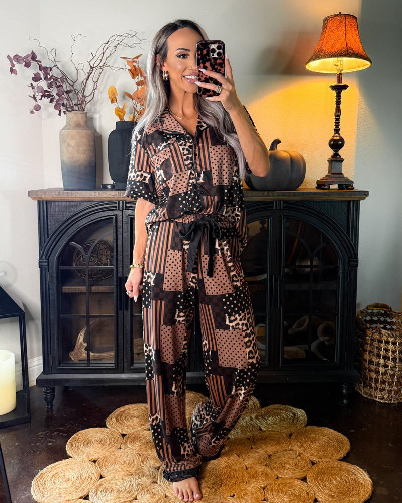 Wild Mix Ruffle Pajama Set - Brown