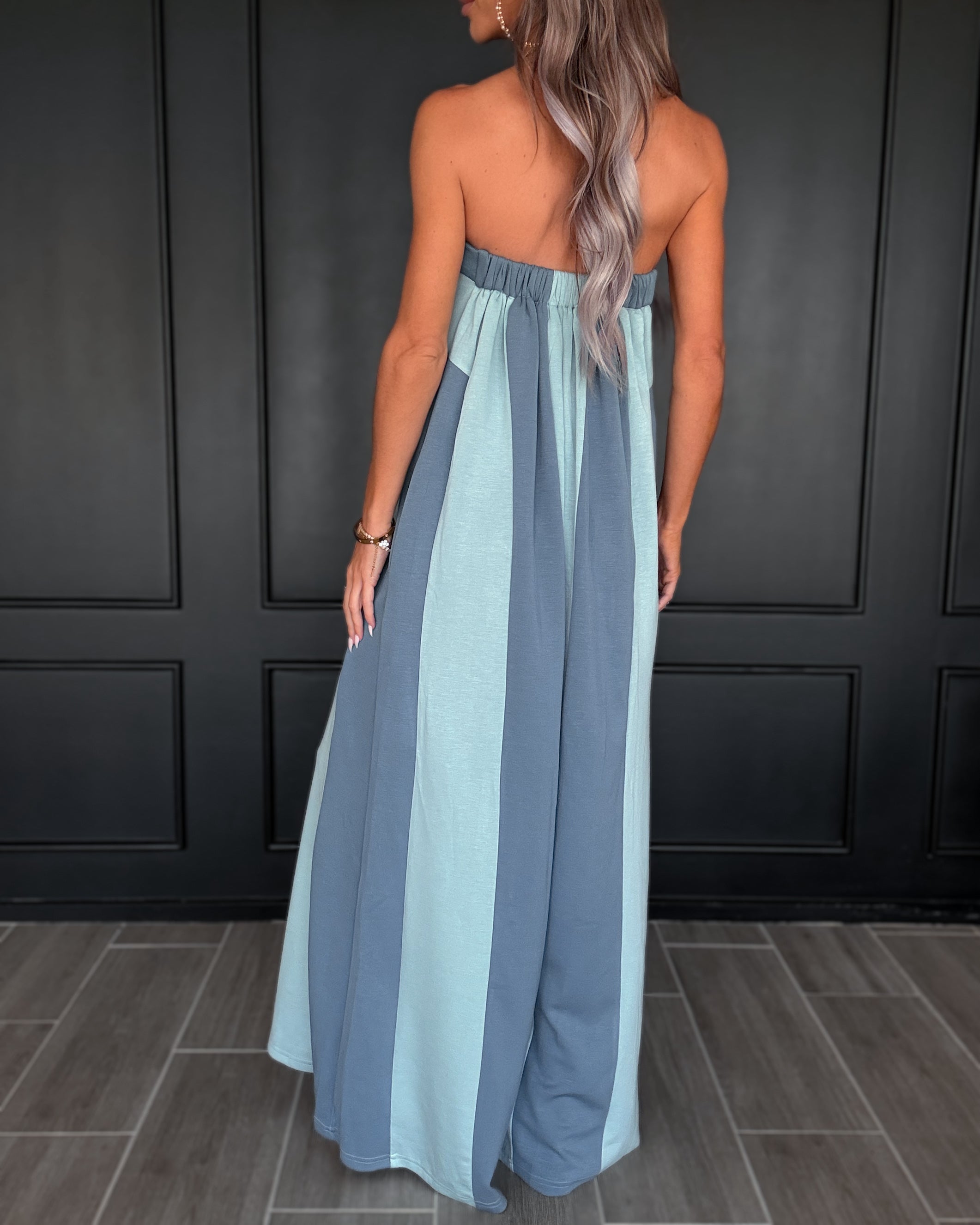 The Drew Strapless Striped Jumpsuit - Blue