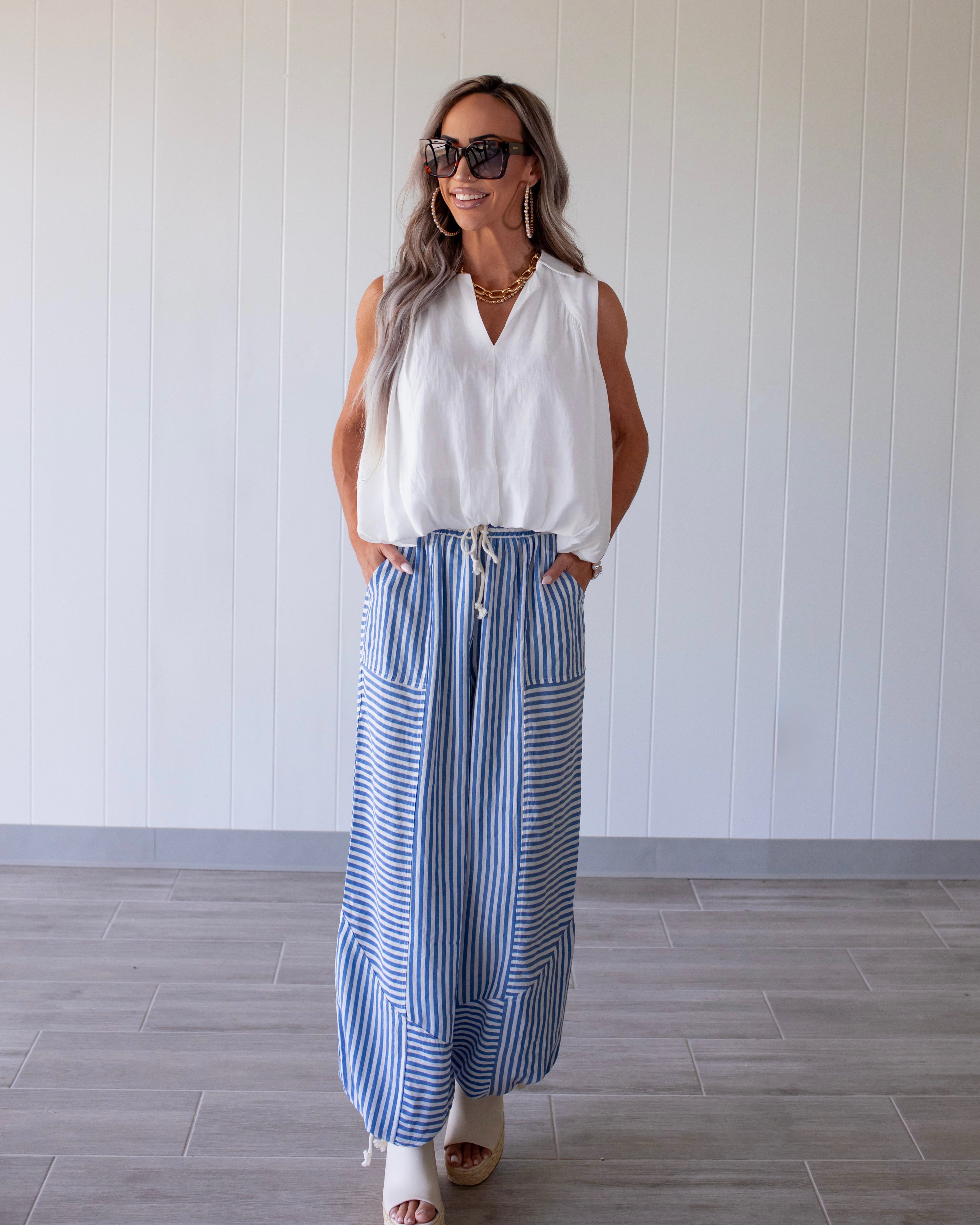 Girly Stripe Patchwork Joggers - Blue