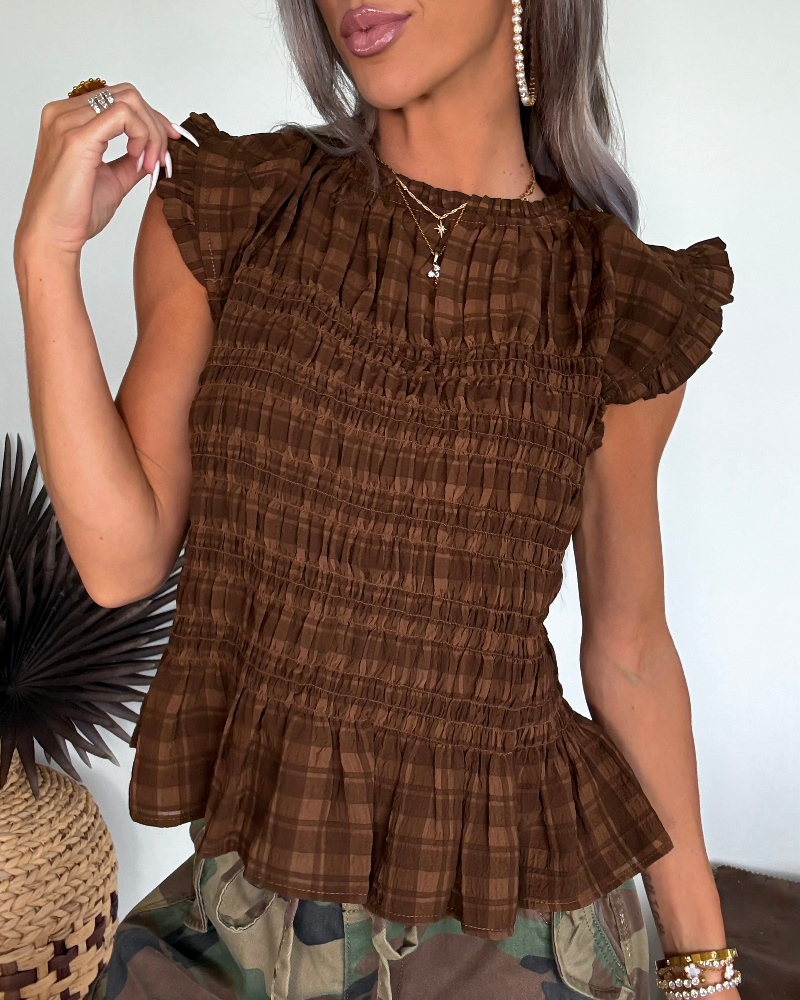 Ruffled & Rooted Brown Plaid Smocked Top