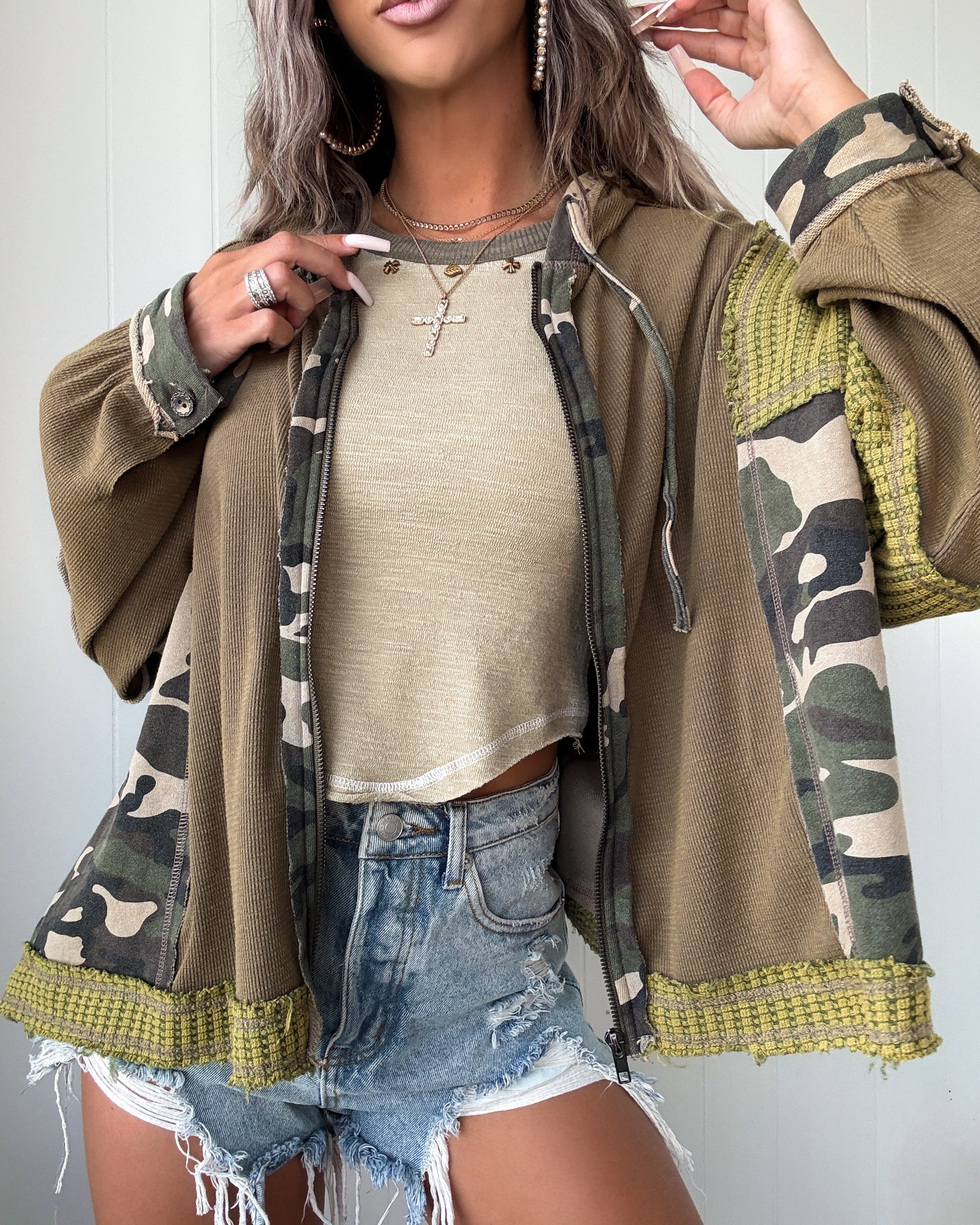 Waffle Camo Hooded Zip Up - Olive