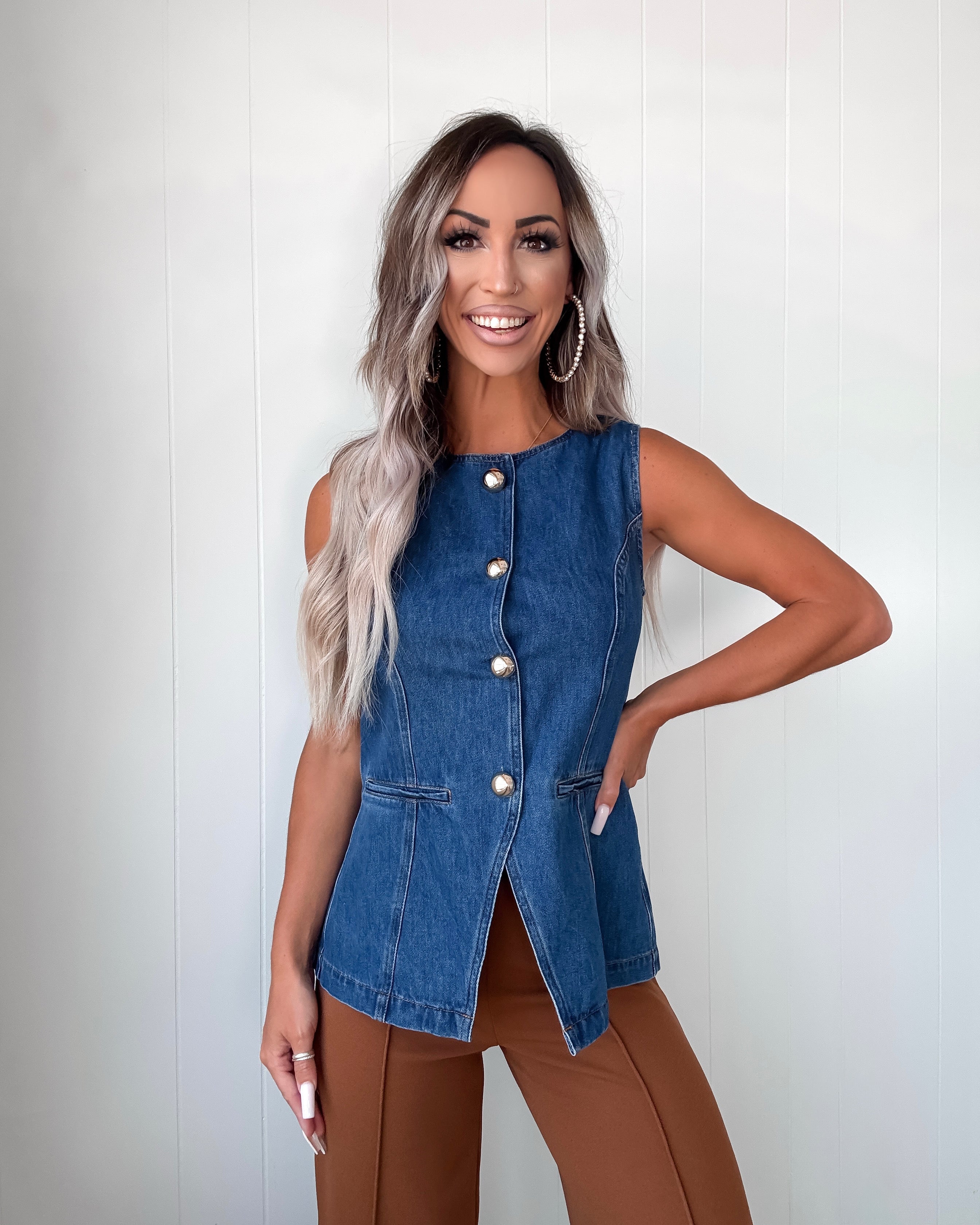 Gold Button Denim Vest - Medium Wash