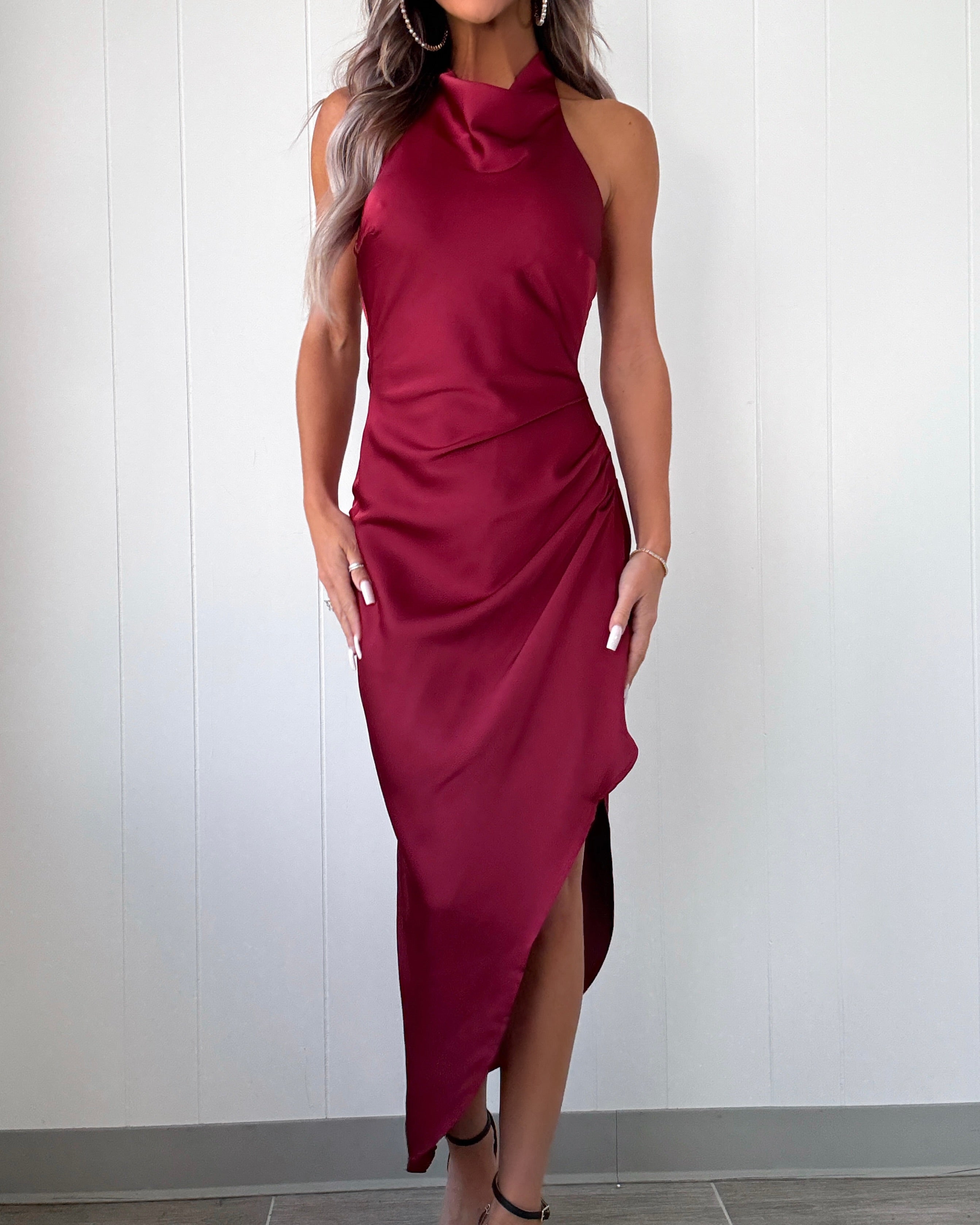 Effortless Satin Side Pleated Dress - Burgundy Large Effortless Satin Side Pleated Dress - Burgundy Large