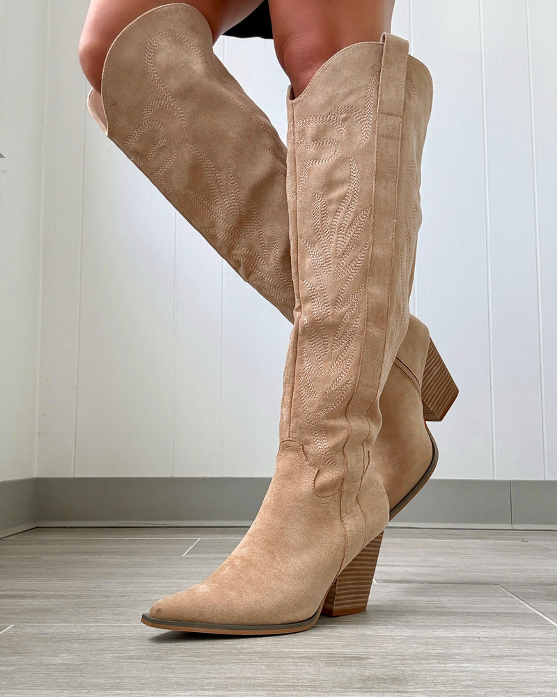 Bronco Knee High Western Boots - Almond