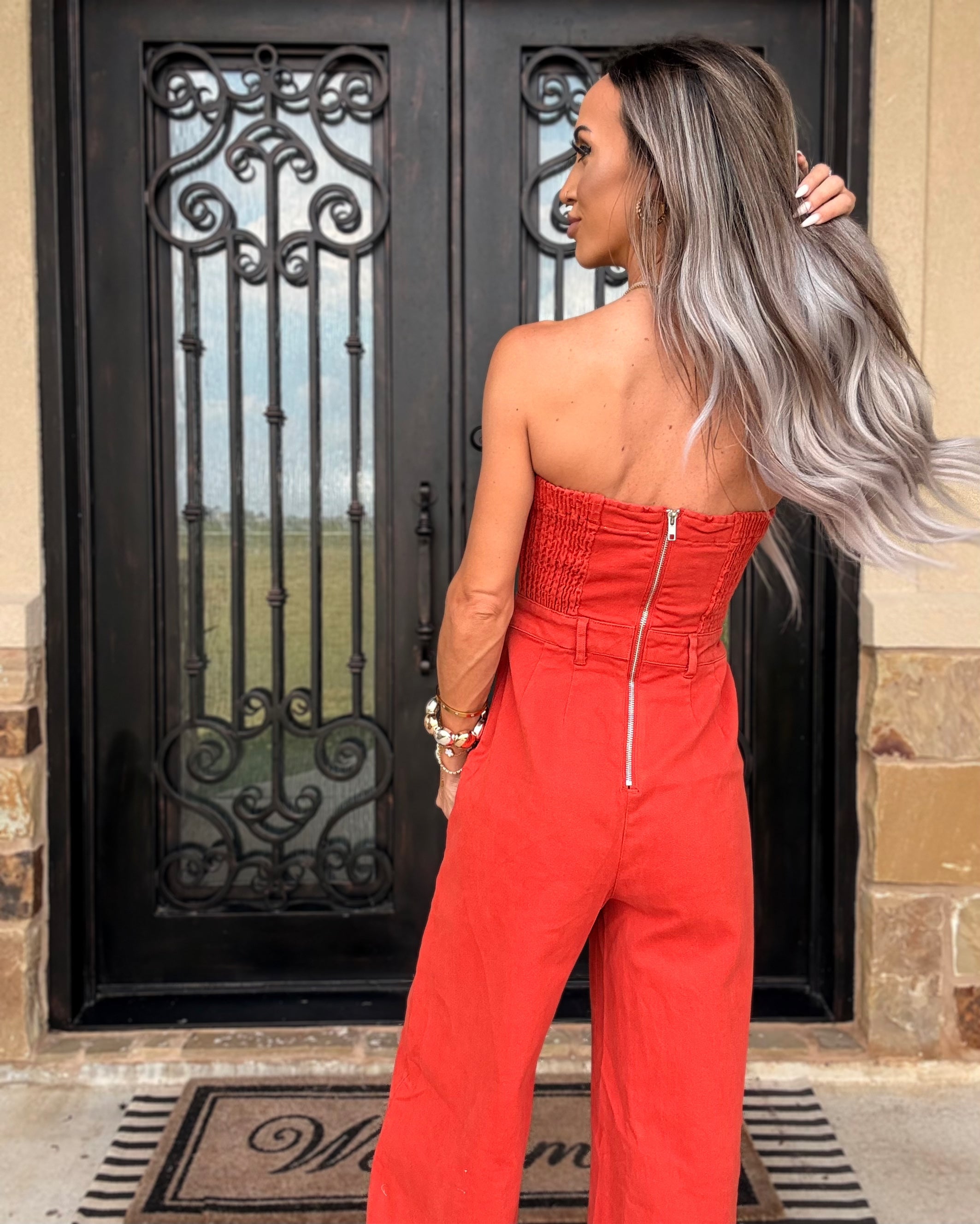 Hot Streak Tube Top Denim Jumpsuit - Terracota