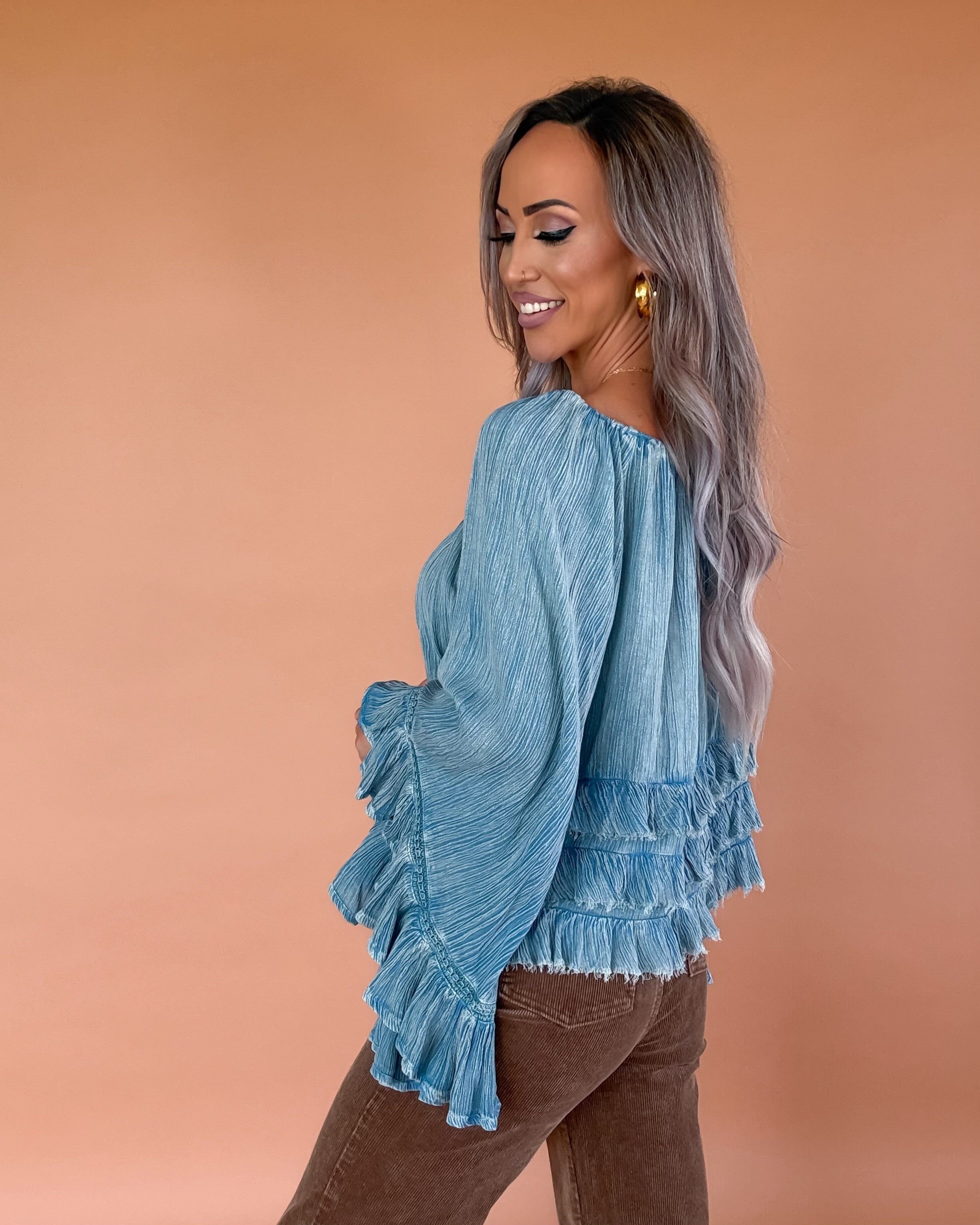 Petal Ruffle Crinkle Top - Denim Blue