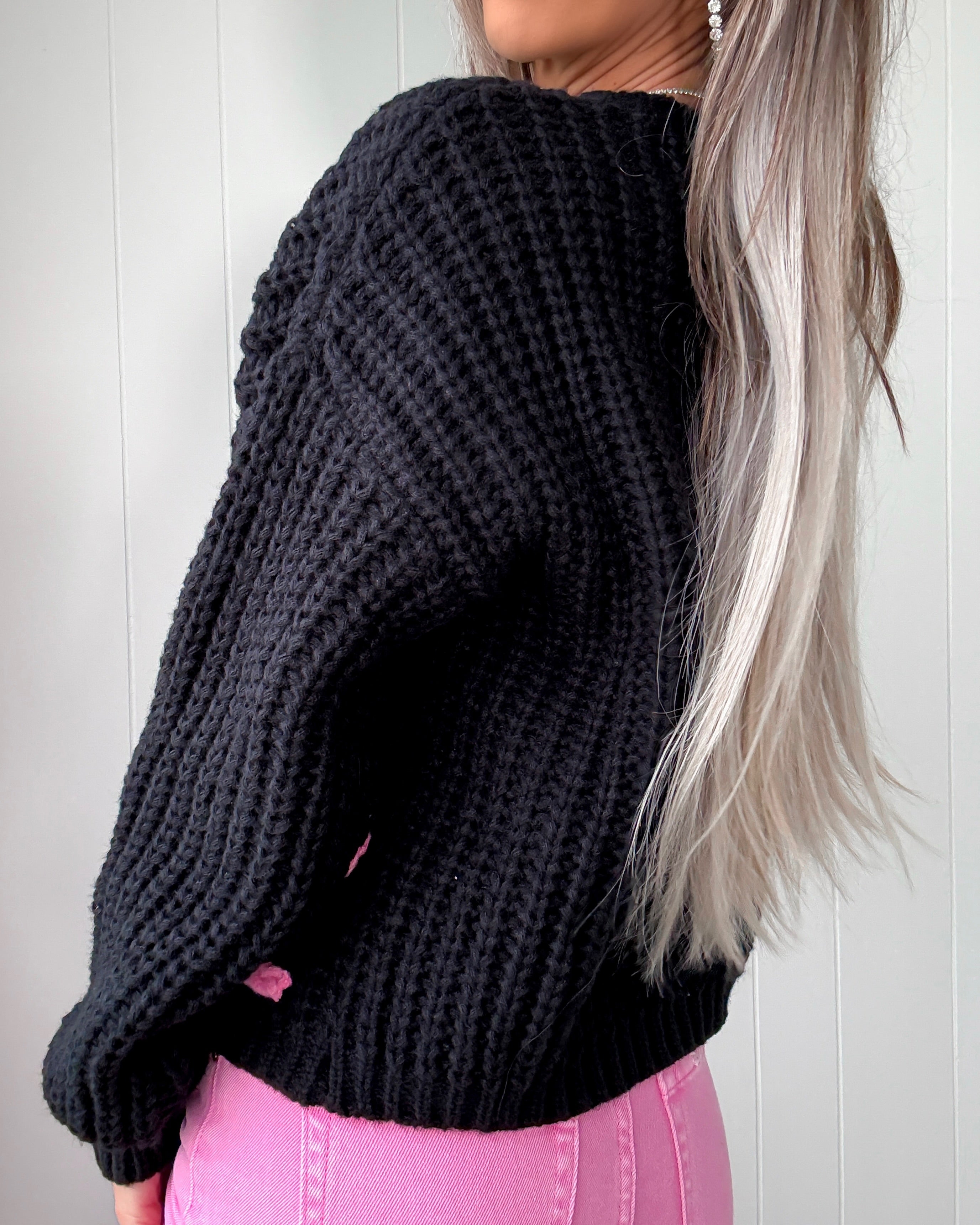 Sweetheart Stitch Bow Sweater - Black/Pink
